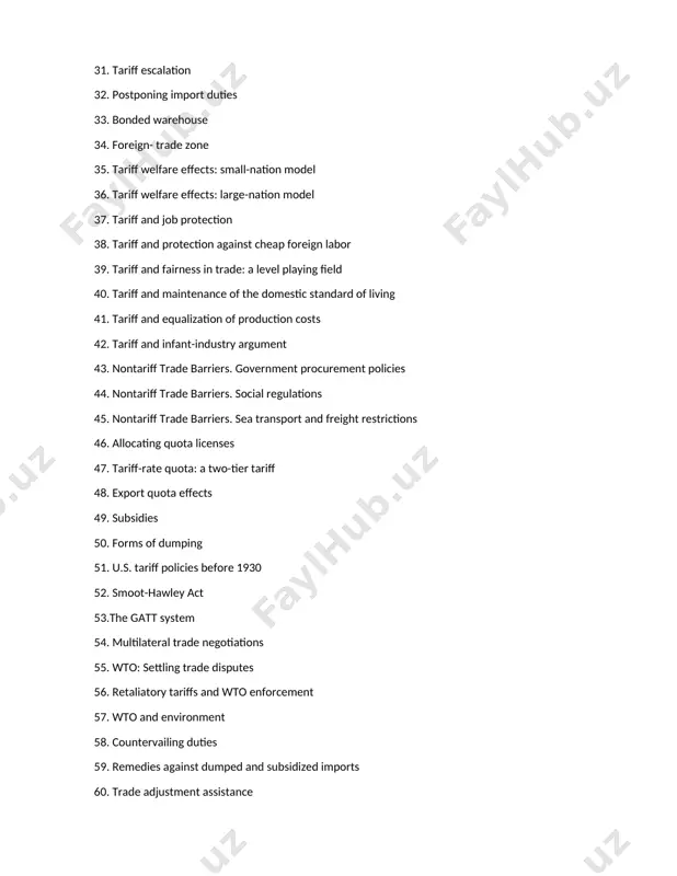 riff 48. export quota effects 49. subsidies 50. forms of dumping 51. u.s. tariff policies before 1930 52. smoot-hawley act 53.the gatt system 54. multilateral trade negotiations 55. wto: settling trade disputes 56. retaliatory tariffs and wto enforcement 57. wto and environment 58. countervailing duties 59. remedies against dumped and subsidized imports 60. trade adjustment assistance 61. industrial policies of the united states 62. developing-nation trade characteristics: unstable export markets 63. developing-nation trade characteristics: worsening terms of trade 64. developing-nation trade characteristics:. limited market access 65. stabilizing primary-product prices 66. production and export controls 67. export promotion and financing 68. import substitution 69. export-led growth 71.flying-geese pattern of growth 72. china: awakening giant 73. regional integration versus multilateralism 74. types of regional trading arrangements 75. regional trading arrangement. static and dynamic effects 76. economic integration:agricultural policy: government procurement policies 77. economic costs and benefits of a common currency: emu. 78. …