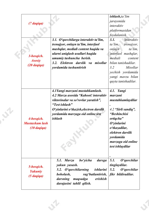 olinadigan resurslar. annotatsiya: maqolada ta’lim jarayonini tashkil etishda interaktiv ta’lim platformalarining qo’llanilishining ahamiyatli tomonlari tahlil qilingan. elektron ta’lim platformasidan ta’lim jarayonida foydalanish usullari, trenajyorlar bilan ishlash, multimedia texnologiyalaridan foydalanish, video ma'ruzalar, interaktiv mashqlar yoki yuklab olinadigan resurslardan foydalanish usullari keltirilgan. kalit so’zlar: interaktiv ta’lim, trenajyor, onlayn ta’lim, interfaol mashqlar, mediali content. kirish biz yashayotgan tez sur'atda rivojlanib borayotgan dunyoda uzluksiz o'rganish va malaka oshirish zarurati muhim bo'lib qoldi. onlayn ta'lim platformalari o'z uyingizdan yoki internetga ulangan istalgan joyda bilim va ko'nikmalarga ega bo'lishning moslashuvchan va qulay usulini taklif etadi. ushbu platformalar turli fanlar va tajriba darajalariga moslashtirilgan keng doiradagi kurslar va resurslarni taqdim etadi. onlayn ta'lim platformalarini ta’lim sohasiga kirib kelishi bilim va ko'nikmalarni egallashda inqilob qildi. ushbu raqamli asrda an'anaviy ta'lim usullari interaktiv ta’lim platformalari bilan to'ldirilmoqda va ba'zan bu innovatsion platformalar bilan almashtirilmoqda. ular taqdim etayotgan qulaylik va foydalanish imkoniyatlari bilan onlayn o'quv platformalari barcha yoshdagi foydalanuvchilar va …