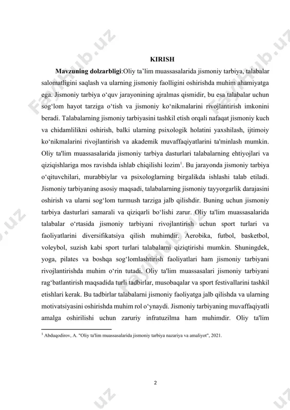 im o‘rin tutadi. oliy ta'lim muassasalari jismoniy tarbiyani rag‘batlantirish maqsadida turli tadbirlar, musobaqalar va sport festivallarini tashkil etishlari kerak. bu tadbirlar talabalarni jismoniy faoliyatga jalb qilishda va ularning motivatsiyasini oshirishda muhim rol o‘ynaydi. jismoniy tarbiyaning muvaffaqiyatli amalga oshirilishi uchun zaruriy infratuzilma ham muhimdir. oliy ta'lim muassasalari sport zallari, stadionlar va boshqa sport inshootlarini yaratishlari zarur. bu talabalar uchun qulay sharoitlar yaratadi va ularning jismoniy faoliyatini oshirishga yordam beradi. shuningdek, jismoniy tarbiyani rivojlantirishda malakali trenerlar va o‘qituvchilarni jalb qilish ham muhimdir. ularning bilim va tajribasi talabalarni jismoniy faoliyatga jalb qilishda yordam beradi. oliy ta'lim muassasalarida jismoniy tarbiyani o‘qitish jarayonida innovatsion yondashuvlar va zamonaviy texnologiyalarni qo‘llash ham muhimdir. mobil ilovalar va onlayn platformalar yordamida talabalar o‘z jismoniy mashg‘ulotlarini rejalashtirishlari, o‘z natijalarini kuzatishlari va yangi sport turlarini o‘rganishlari mumkin. jismoniy tarbiyaning ahamiyatini oshirishda sog‘lom turmush tarzini rag‘batlantirish ham muhimdir. [1: abduqodirov, a. "oliy ta'lim muassasalarida jismoniy tarbiya nazariya va amaliyot", 2021. ] kurs …