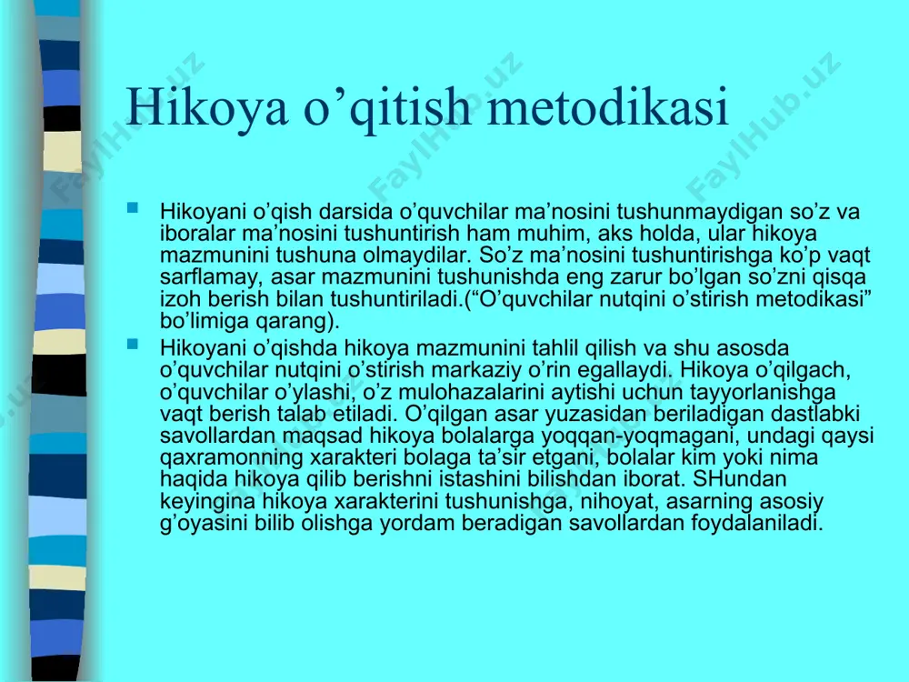 ga javob berish, o’quvchilarning o’zlari savol tuzib, javob berishlari, so’z bilan grafik rasm chizish, plan tuzish, qayta hikoyalash, ertak aytish kabi ish turlaridan foydalaniladi. bu ertaklarda hayvonlarning odatlari tahlil qilinadi, ammo ularni kishilar xarakteriga taqqoslash tavsiya qilinmaydi. maktab tajribasidan ma’lumki, kichik yoshdagi o’quvchilar ertakdagi hayvonlar gapirmasligini, tulki va turna bir-biriga mehmonga bormasligini yaxshi biladilar, ammo ertaklar dunyosini hayotiy hikoya kabi qabul qiladilar. ertakni o’qib, tahlil qilganda, barcha ishlar uning mazmunini yaxshi idrok etishga, sjyuet rivojini qatnashuvchi personajlarning xatti-harakati, o’zaro munosabatlarini to’g’ri tasavvur etishga yo’naltiriladi. ertak ustida ishlashning oxirgi bosqichida “ertakda sizga juda yoqqan joyini o’qing, nima uchun yoqqanini ayting. hayotingizda mana shu ertakdagiga o’xshash voqealar bo’lganmi?” kabi savol-topshiriqlar yordamida o’quvchilarning ertak xulosasini tushunishlariga erishiladi. ertak o’quvchilar uchun ertakligicha qolishi va bolalar hayotidagi hodisalarga avtordek yondoshishga o’rganishlari uchun shuning o’zi kifoya. ertak o’qish metodikasi. boshlang’ich sinf o’quvchilari hayvonlar haqidagi ertaklardan tashqari, “davlat”, “tuz haqi”, “ovchi, ko’kcha va dono”, “ilm afzal” kabi …