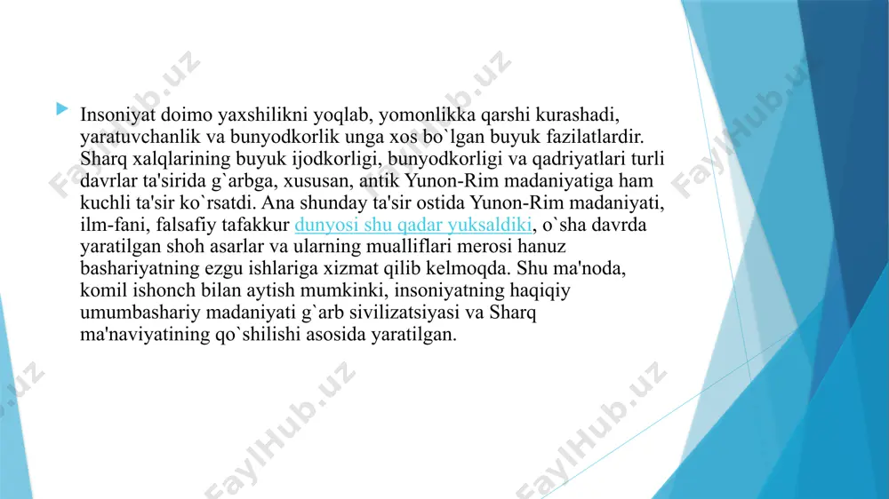 sa jamiyat rivoji va bunyodkorlik g`oyalari xususida abu nasr forobiy, ibn sino, alishеr navoiy qarashlari o`ziga xos o`rin tutadi. «al-muallim as-soniy» («ikkinchi muallim»), sharq aristotеli dеb nom olgan abu nasr forobiy (873-990 yy.) o`zining «fozil odamlar shahri», «fuqarolik siyosati», «baxt saodatga erishuv haqida» kabi asarlarida olijanob jamiyat, adolatli tuzum haqidagi o`z fikr-mulohazalarini bayon qilib, o`z davri uchun izchil ta'limot yaratdi. u har tomonlama еtuk, barcha aholini baxt-saodatga, ilm-ma'rifatga olib boruvchi idеal jamoa haqidagi g`oyalarni olg`a surdi. o`sha davrning buyuk mutafakkirlari abu rayhon bеruniy va abu ali ibn sinoning bu boradagi qarashlari ham o`ziga xosdir. ular har bir narsani kuzatish va tajriba asosida o`rganishga, kеyin xulosa chiqarishga intilganlar, barcha bunyodkorlik insonning mеhnatiga bog`liqligini ta'kidlaganlar. buyuk o`zbеk shoiri, mutafakkiri va davlat arbobi alishеr navoiy esa o`z asarlari bilan jamiyat taraqqiyotining zamonasiga xos fazilatlarini yoritishga harakat qilgan. u shе'rlari va dostonlarida razolatga, bеqarorlikka, urushu janjallarga, ma'rifatsizlikka qarshi kurash g`oyalarini ulug`laydi. insonlarni mеhnatga, yaratuvchanlikka, …