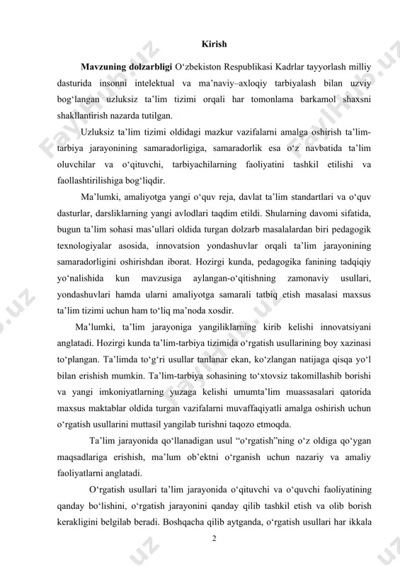 oldida turgan vazifalarni muvaffaqiyatli amalga oshirish uchun o‘rgatish usullarini muttasil yangilab turishni taqozo etmoqda. ta’lim jarayonida qo‘llanadigan usul “o‘rgatish”ning o‘z oldiga qo‘ygan maqsadlariga erishish, ma’lum ob’ektni o‘rganish uchun nazariy va amaliy faoliyatlarni anglatadi. o‘rgatish usullari ta’lim jarayonida o‘qituvchi va o‘quvchi faoliyatining qanday bo‘lishini, o‘rgatish jarayonini qanday qilib tashkil etish va olib borish kerakligini belgilab beradi. boshqacha qilib aytganda, o‘rgatish usullari har ikkala faoliyatni, ya’ni o‘qituvchi tomonidan o‘quvchilarni bilim, ko‘nikma va malakalar bilan qurollantirishni hamda o‘quvchilar tomonidan o‘sha nazarda tutilgan ilmiy bilim, ko‘nikma va malakalarini o‘zlashtirish faoliyatida qo‘llanadigan yo‘llarni o‘z ichiga oladi. demak, har ikki o‘rgatish usullari pedagogik jarayon ishtirokchilari(ta’lim oluvchi va beruvchi)ning o‘zaro faoliyati birligini ta’minlashga yo‘naltiriladi. dars jarayonida o‘qituvchi va o‘quvchi faoliyatining turfaligi o‘rgatiladigan ma’lumoning xarakteriga qarab belgilanadi. aynan, mana shu turfalik ta’lim jarayonida muayyan maqsadni amalga oshirishga qaratilgan yangi-yangi usullarni keltirib chiqaradi. kurs ishining maqsadi: interfaol ta’lim usullaridan ta’lim tizimida foydalanishda talabalar qobiliyatini xisobga olishning o‘ziga xos tamonlaoini …
