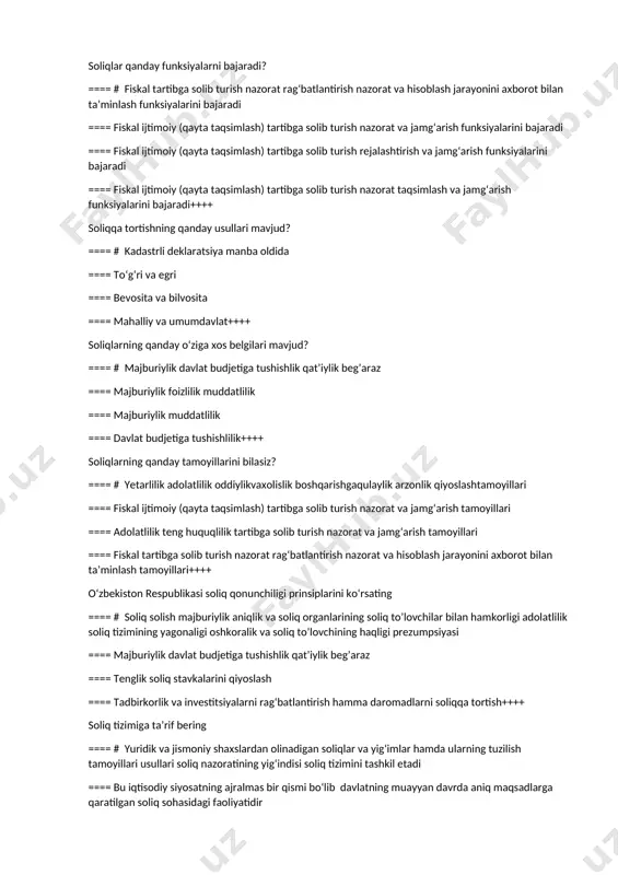 proportsiyada soliq to‘laydi ==== daromad yoki foyda ortib borishi bilan soliq stavkasi ham ortib boradi++++ soliq imtiyozi bu ==== # soliq to’lovchilarning ayrim toifalariga boshqa soliq to’lovchilarga nisbatan soliq to’g’risidagi qonun hujjatlarida nazarda tutilgan afzalliklar shu jumladan soliqni to’lamaslik yoki ularni kamroq miqdorda to’lash imkoniyati ==== soliq hisoblanadigan bazaning birligiga to‘g‘ri keladigan soliq me’yori ==== soliq solish ob’yektining qiymati jismiy yoki boshqa tavsifi bo‘lib unga asoslanib budjetga to‘lanishi lozim bo‘lgan soliq (to‘lov) summasi aniqlanadi ==== soliqqa tortish uchun asos bo‘lib xizmat qiladigan daromad aylanma mol-mulk yoki tabiiy resurs hajmidir++++ undirilgan soliq summasining soliq ob’yekti hajmiga bo‘lgan nisbat natijasi ==== # soliq yuki yoki og‘irligi deb yuritiladi ==== soliq birligi deb yuritiladi ==== soliq stavkasi deb yuritiladi ==== soliq me’yori deb yuritiladi++++ soliqlar qanday funksiyalarni bajaradi? ==== # fiskal tartibga solib turish nazorat rag‘batlantirish nazorat va hisoblash jarayonini axborot bilan ta’minlash funksiyalarini bajaradi ==== fiskal ijtimoiy (qayta taqsimlash) tartibga solib turish …