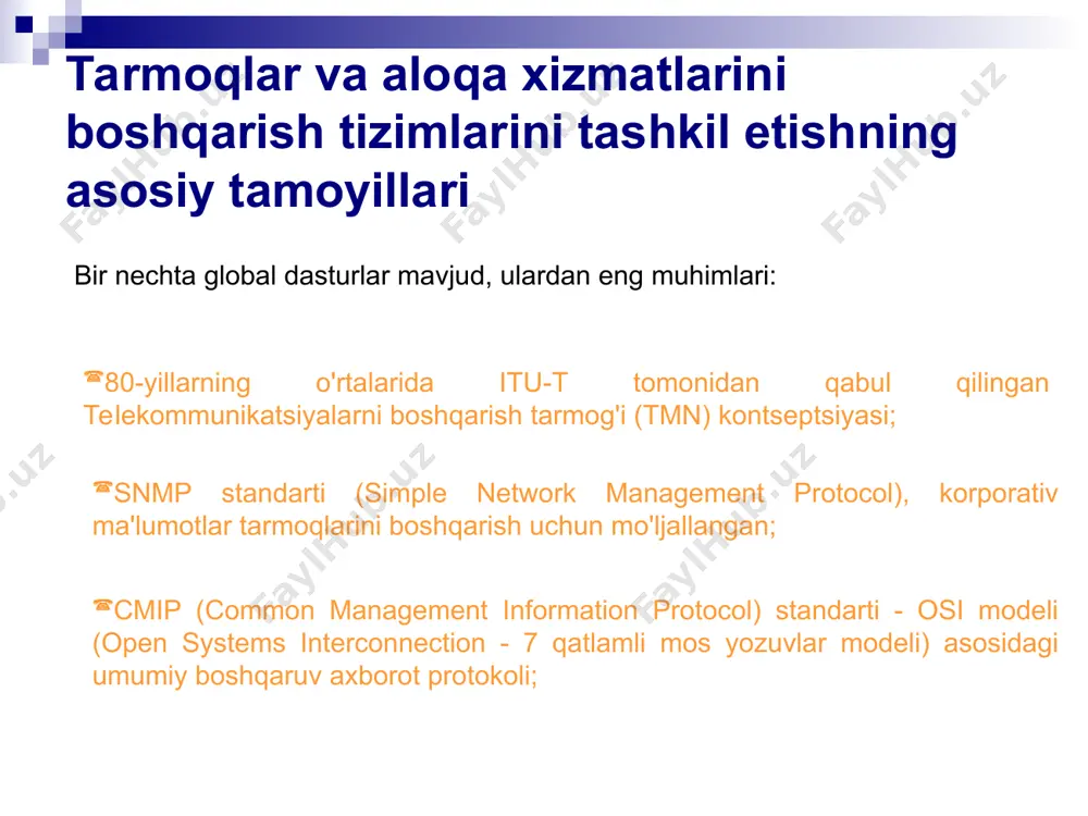 derlar bilan hisob-kitoblarni boshqarish ( buxgalteriya hisobini boshqarish , am); tarmoq ishlashi monitoringi ( ishlash boshqaruvi , pm); tarmoq xavfsizligini ta'minlash ( xavfsizlik boshqaruvi , sm). oddiy tarmoqni boshqarish protokoli (snmp) nima? simple network management protocol (snmp) - mahalliy tarmoq (lan) yoki keng tarmoq (wan) da tarmoq qurilmalarini kuzatish va boshqarish uchun amaliy qatlam protokoli. snmp ning maqsadi marshrutizatorlar, serverlar va printerlar kabi tarmoq qurilmalarini tarmoq boshqaruv tizimi ( nms ) bilan ma'lumot almashish uchun umumiy til bilan ta'minlashdan iborat. snmp mijoz-server arxitekturasi quyidagi uchta komponentdan iborat: 1.snmp menejeri; 2.snmp agenti; va 3.boshqaruv axborot bazasi ( mib ). snmp qanday ishlaydi tarmoq qurilmalari va xizmatlaridagi snmp dasturiy ta'minot agentlari holat ma'lumotlari va konfiguratsiya o'zgarishlarini uzatish uchun tarmoq boshqaruv tizimi bilan bog'lanadi. nms ma'murlar ommaviy buyruqlar berishlari va avtomatik ogohlantirishlarni olishlari mumkin bo'lgan yagona interfeysni ta'minlaydi. snmp qurilma ko'rsatkichlari haqidagi ma'lumotlar almashinuvini tashkil qilish uchun mib kontseptsiyasiga tayanadi. mib tarmoq qurilmasi …