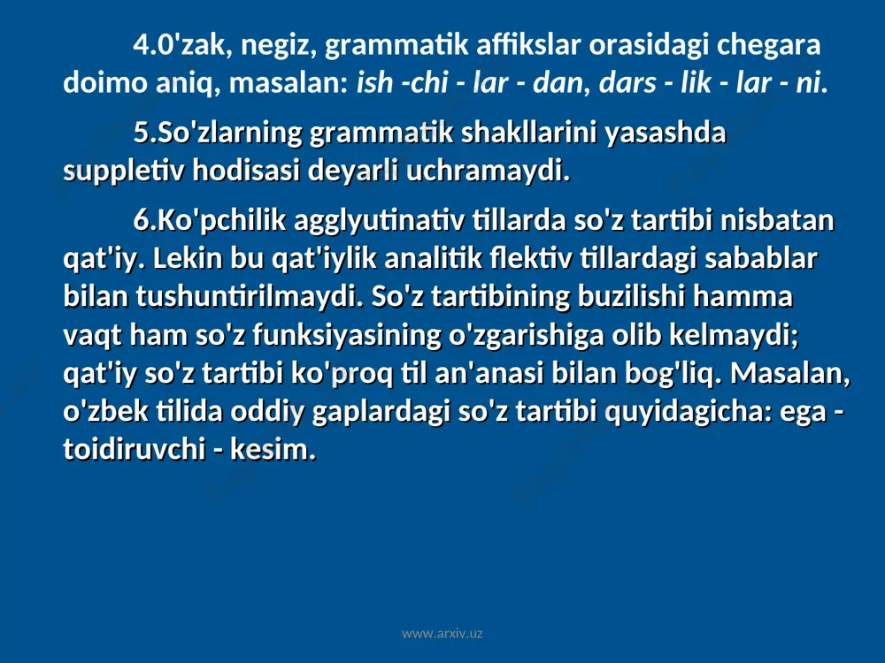 nishicha, etalon til vazifasini umumiy sun'iy til qoidalaridan tashkil topgan ramziy til sistemasi yaxshi ishlangan konkret til, ma'lum fonologik, morfologik, sintaktik modellar va boshqa sistemalar bajarishi mumkin. qiyosiy tipologiya j.bo'ronovning nazariyasiga asosan, qiyosiy tipologiya umumiy lingvistik tipologiyaning bir qismidir. «u ikki va undan ortiq aniq tillar tizimlarini, tillardagi ma'lum kategoriyalarni deduktiv ravishda alohida o'rganadi, tillar tizimlaridagi lingvistik hodisalarning bir-biri bilan taqqoslab, umumiy tipologik qoida va qonunlar yaratadi. www.arxiv.uz www.arxiv.uz ikki til sistemasini ikki yoqlama qiyoslashda har bir qiyoslanayotgan til sistemasining bayon etilgan materiali alohida-alohida qiyoslanadi. har bir qatlam birligining o'ziga xos xususiyati, boshqa qatlamlardagi birliklarning o'zaro aloqalari hisobga olinadi». tillarda so‘zlar bir-birlari bilan munosabatda bo‘lishlari bilan ajralib turadi. bu munosabatlar sinonimik, antonimik va omonimik xususiyatlarga ega bo‘lishi mumkin sinonimik qatorlar ma’lum so‘z turkumlarida namoyon bo‘lishi taqqoslanayotgan tillar uchun umumiy hodisadir: ingl. all, whole (olmosh), attempt, trial, endeavour, effort (ot); rus. путь, дорога (оt), научить, наставить, вразумить (fe’l). www.arxiv.uz www.arxiv.uz foydalanilgan …