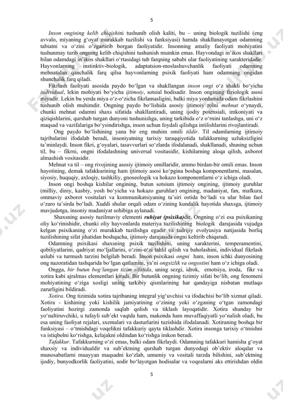 rqali ifodalanadi. bu tushunchalar bir-biriga yaqin va ma’nodosh bo‘lsa ham, bir-biridan farqlanadi. inson to‘g‘risidagi turli yondashuvlardan kelib chiqib unga quyidagicha ta’rif berish mumkin: inson – ijtimoiy-tarixiy jarayonning, moddiy va ma’naviy madaniyat taraqqiyotining sub’ekti bo‘lib, hayotning boshqa sohalari bilan genetik bog‘langan, ammo o‘zining mehnat qurollari yaratish va ishlab chiqarish qobiliyati, til va ongga egaligi tufayli ajralib turadigan bioijtimoiy mavjudotdir. «shaxs» tushunchasi inson o‘z harakatlari va hissiyotlarining mas’ul sub’ekti sifatida amal qilishi mumkinligini, u o‘zi idrok etayotgan narsalarni anglashi va o‘z tashabbuslarining ahamiyatini tushunishini anglatadi. hozirgi zamon falsafasining yo‘nalishlaridan biri – personalizm shaxsda kishilik taraqqiyotining eng muhim yutug‘ini va uning asosiy ma’nosini ko‘radi. shaxs dunyoni o‘zlashtiruvchi o‘ziga xos betakror sub’ektivlikdir. u butun vujudi bilan barkamollikka intiladi va har tomonlama uyg‘un shaxslar jamiyatida yashashga haqlidir. falsafiy ma’noda shaxs – deganda o‘zining ijtimoiy shart-sharoitiga bog‘liq bo‘lgan va individual tarzda namoyon bo‘ladigan intellektual, emotsional va irodaviy sifatlariga ega bo‘lgan, o‘z hatti-harakati va faoliyatini anglay va …