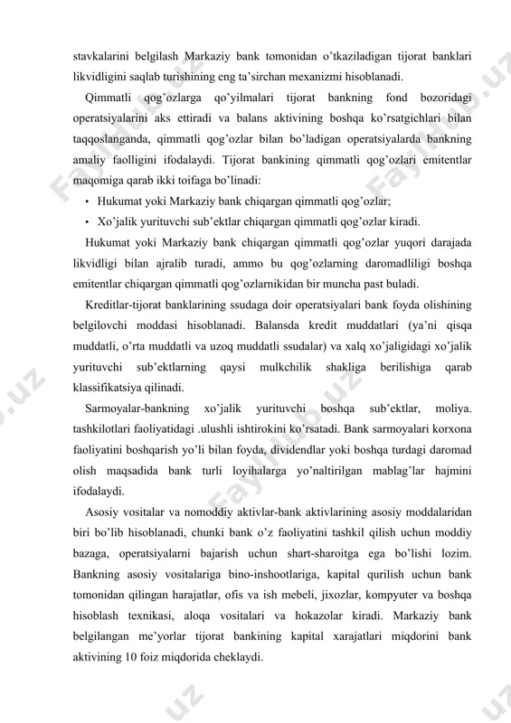 ariga, kapital qurilish uchun bank tomonidan qilingan harajatlar, ofis va ish mebeli, jixozlar, kompyuter va boshqa hisoblash texnikasi, aloqa vositalari va hokazolar kiradi. markaziy bank belgilangan me’yorlar tijorat bankining kapital xarajatlari miqdorini bank aktivining 10 foiz miqdorida cheklaydi. endi bank balansining passiv qismidagi moddalar bilan tanishib chiqamiz. bank balansining passiv qismi depozitlardan boshlanadi. depozitlar-bankning boshqa sub’ektlardan xarid qilingan manbalarni ifodalaydi. ular talab qilib olinadagan, jamg’armali va muddatli depozitlarga bo’linadi. talab qilib olinadigan depozitlardan tashqari barcha depozitlar kredit resurslarning eng barqaror manbalaridan hisoblanadi. jalb qilingan manbalardan muddatli depozitlar ulushining oshishi qo’yilmalarni uzoqroq muddatga, shu bilan birga, yuqoriroq foiz bilan amalga oshirish imkonini beradi, bu esa bankning omonatlar (depozitlar) bo’yicha foiz xarajatlarni qisqartiradi va foyda olish hamda likvidlik manfaatlariga hizmat qiladi. boshqa banklardan olingan kreditlar - tijorat bankining bo’sh mablag’larini qayta taqsimlash borasida boshqa moliya muassasalari bilan o’zaro munosabatlarini ifodalaydi. ammo, banklararo kreditlar bir tomondan boshqa mablag’larga nisbatan olishga osonroq hisoblangani bilan …