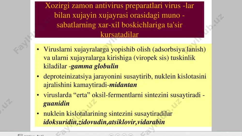ektsiyalarni oldini oladi va zararsizlantiradi, sog'lig'ini yuqori darajada saqlaydi. ularning yordami bilan biz gripp, sars, gerpes va boshqalar kabi ko'plab noxush va xavfli kasalliklardan xalos bo'lishimiz mumkin. virusga qarshi dorilar-bu virusli infektsiyalarni davolash va oldini olish uchun ishlatiladigan dorilar guruhi. ularni bir nechta turlarga bo'lish mumkin, ularning har biri o'ziga xos xususiyatlarga va ta'sir mexanizmlariga ega: * to'g'ridan-to'g'ri ta'sir qiluvchi dorilar. ular to'g'ridan-to'g'ri virus ustida ishlaydi, uning ko'payishini bloklaydi yoki yo'q qiladi. ularning misollari gerpesni davolash uchun ishlatiladigan asiklovir va oiv infektsiyasini davolashda ishlatiladigan zidovudindir. * immunomodulyatorlar. ular organizmning immunitet tizimini mustahkamlashga yordam beradi, shunda u viruslarga qarshi samarali kurashadi. bunday dorilarga antikorlar ishlab chiqarishni rag'batlantiradigan va immunitet hujayralarining faolligini oshiradigan interferonlar misol bo'la oladi. interferon induktorlari. viruslardan tabiiy himoya qiluvchi organizm tomonidan interferonlar ishlab chiqarishni rag'batlantiradigan keng ta'sir ko'rsatadigan antiviral preparat. bunday dorilarga amiksin va sikloferon misol bo'la oladi. antivirus dorilarining har bir turi o'zining afzalliklari va kamchiliklariga ega. …