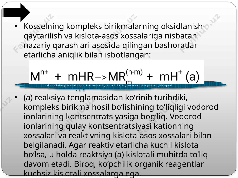 gi komplekslarning barqarorligi bilan bog‘liq. quyidagi qatorda, bu holda amin guruhlarini suv molekulalari bilan almashtirish tendentsiyasi bilan tavsiflangan suvli eritmadagi qarshilik quyidan yuqoriga kamayadi, shu bilan birga ushbu komplekslarning eritmalarining ph darajasi bir xil tartibda oshadi: shunday qilib, kompleks kation qanchalik bearqaror bo‘lsa, uning kislotali xossalari shunchalik kam namoyon bo’ladi. kislotalar va asoslarning kimyoviy nazariyalari ushbu nazariyalar birinchi navbatda erigan modda va erituvchi o‘rtasidagi o‘zaro ta’sir kimyosini ilgari surdi, buning natijasida modda kislotali yoki asosiy xossalarga ega bo‘lishi ma’lum bo’ldi. pfeifer va verner birinchi bo‘lib kislotalar hamda asoslarning dissotsiatsiyasida va kislota-asos xossalarining namoyon bo‘lishida kimyoviy o‘zaro ta’sirning axamiyatini ko‘rsatdilar: kislota-asos o‘zaro ta’siriga bunday yondashuv bilan ma’lumotlar erituvchining kislotalar va asoslarning dissotsiatsiyalanishi jarayonida ishtirok etishini ko‘rsatadi, ammo erituvchining erigan modda bilan o‘zaro ta’siri sxemasi noto‘g‘ri, chunki erituvchida erkin protonlar mavjud emas. koordinasiyalashishning ligandlar va markaziy atom xossalariga ta’siri. ligandlarning o‘zaro ta’siri. koordinasiyalash ligandlarning elektron konfiguratsiyasining (tuzilishi) o‘zgarishi bilan bog‘liq va o’zgarish …
