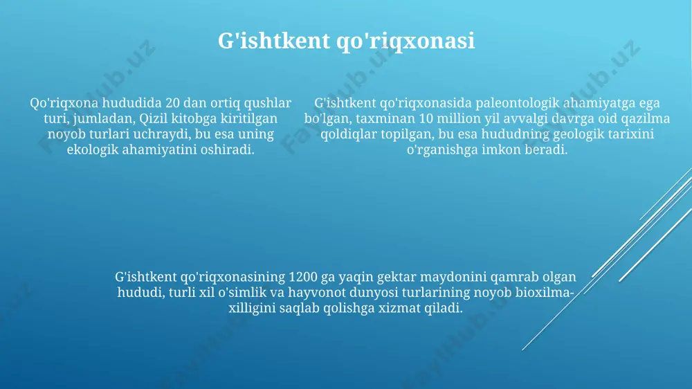 ilan mintaqadagi eng muhim suv manbalaridan biri hisoblanadi. daryoning o'rtacha suv sarfi yiliga 300 kub metrni tashkil etadi, bu esa qishloq xo'jaligi va sanoat uchun muhim ahamiyatga ega. zarafshon daryosi vodiysida 20 dan ortiq endemik o'simlik va hayvonot turlari yashaydi, ularning ko'plari “qizil kitob”ga kiritilgan. ustyurt platosi ustyurtning quruq, cho'l iqlimi tufayli noyob flora va faunasi mavjud bo'lib, 40 dan ortiq qushlarning 12 turi faqat shu hududda uchraydi. plato yuzasida ming yillar davomida shakllangan, turli xil geologik davrlarga oid 300 dan ortiq arxeologik yodgorliklar, jumladan, qadimiy qal'a xarobalari mavjud. ustyurt platosi 2000 metr balandlikdagi jarliklar bilan chegaralangan bo'lib, uning yuzasi 200 000 kvadrat kilometrni egallaydi, bu esa katta geografik xususiyat hisoblanadi. e'tiboringiz uchun rahmat @taqdimot_robot