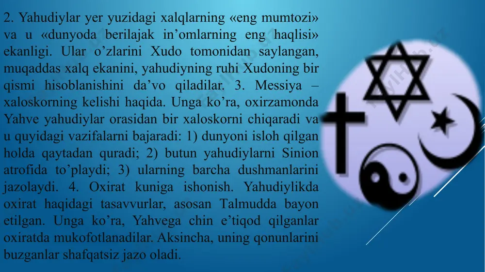 , ba’zi o’rinlarda ularni inkor qilgan. undan: «o’lim nima?» – deb so’raganlarida, u: «biz tiriklik nima ekanligini bilmaymizu, o’lim nima ekanligini qayerdan bila olar edik», - deb javob bergan. biroq, qadimdan davom etib kelayotgan diniy qadriyatlar, urf-odatlarga konfutsiy hurmat bilan munosabatda bo’lgan хitoyda keng tarqalgan daosizm falsafiy ta’limot sifatida mil. av. birinchi ming yillikning o’rtalarida konfutsiychilik bilan deyarli bir vaqtda paydo bo’ldi. bu ta’limot dastavval bir muncha mavhum xarakterga ega bo’lib, din bilan hech qanday aloqasi bo’lmagan. ushbu ta’limot tarafdorlari ham konfutsiychilar kabi o’z zamonalaridagi harakatlarga qarshi bo’lganlar. daosizm targ’ibotchilari ham hukmdorlar orasidagi tinimsiz urushlarni qoralar edilar. ular ham boshqa bir qator falsafiy ta’limotlar qatori orqaga – «oltin asr»ga – qaytishga chaqirar edilar e`tiboringiz uchun rahmat image1.jpg image2.jpg image3.png image4.png image5.png image6.jpeg image7.jpeg image8.png image9.jpeg image10.gif /docprops/thumbnail.jpeg