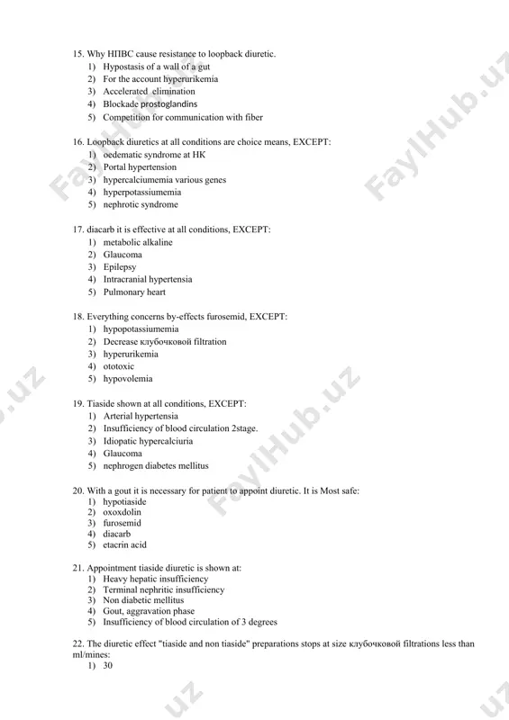 venously physiological solution 4) polarising mix 5) reosorbilact intravenously 26. resistance to diuretics at stagnant warm insufficiency is caused: 1) blockade prostoglandins 2) decrease operating nephron 3) communication with urine fiber 4) incomplete and slowed down absorbtion 5) fast elimination 27. name the basic pharmacodynamic effect spironolacton: 1) concurrent inhibition aldesteron 2) increase a nephritic blood-groove 3) influences speed of a filtration 4) increases osmotic pressure 5) increase of uric acid 28. specify parametre of control over efficiency diuretic therapy : 1) diures, weight body 2) electrocardiogram 3) eye bottom 4) general analysis of urine 5) lipid a blood profile 29. specify contra-indication to appointment spirnolacton: 1) hypopotassiumemia 2) warm insufficiency 3) glaucoma 4) hyperpotassiumemia 5) hyperaldesteronism metabolic decompensation alkaline 30. specify indications to appointment acetosolamide: 1) arterial hypertensia 2) diabetes 3) nephrotic syndrome 4) cirrhosis, аscit 5) intracranial hypertension 31. specify a by-effect diuretics: 1) extrasistolia, a bradycardia 2) …