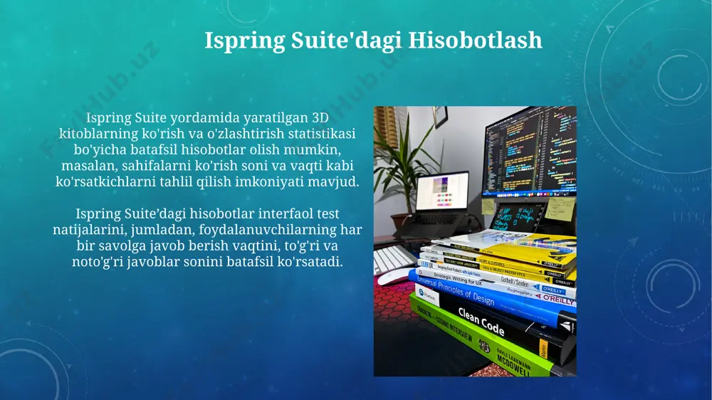 iha hajmini 50% ga kamaytirish uchun ispring-ning samarali vositalari yordamida resurslarni optimallashtirish va takrorlanuvchi elementlardan qochish mumkin. avtomatlashtirilgan testlar stsenariy asosidagi avtomatlashtirilgan testlar yordamida 100 dan ortiq harakatlarni simulyatsiya qilish va 3d kitoblarning barcha funksiyalarining to'liq tekshiruvini amalga oshirish mumkin. ispring suite’dagi avtomatlashtirilgan testlar 50% gacha vaqtdan tejashga yordam beradi, shu bilan birga 90% gacha aniqlik bilan xatolarni aniqlaydi. test natijalarini tahlil qilish sinov natijalarini chuqur tahlil qilish uchun, har bir savol bo'yicha 100% gacha to'g'ri javob bergan foizni, shuningdek, o'rtacha javob vaqti kabi ko'rsatkichlarni hisoblash mumkin. ispring learn lms integratsiyasi orqali 300 dan ortiq foydalanuvchining test natijalarini eksport qilib, individual va guruhiy progressiyalarni taqqoslash imkoniyati mavjud. ispring suite'ning umumiy ko'rinishi ispring suite yordamida 1000 dan ortiq turli xil test savollari formatlarini yaratishingiz mumkin, bu esa har xil bilim darajalariga moslashuvchanlikni ta'minlaydi. ispring suite 9 ta asosiy dastur modulini o'z ichiga oladi, bu esa o'quv materiallarini yaratish, interaktiv testlarni tayyorlash …
