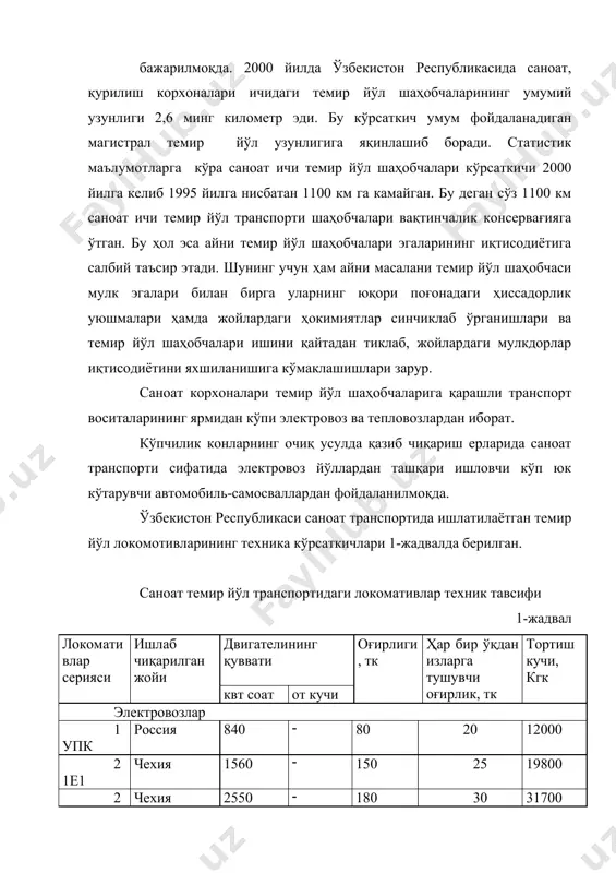 ташкил топган бўлиб, уларнинг учдан бир қисми кичик бортли очиқ платформалардан, тўрдан бир қисми думкарлар (ҳар бир ўқига двигателқ ўрнатилган ва юкни ўзи ағдариб туширадиган вагонлар)дан, бешдан бир қисми ярим вагонлардан, ўн фоизга яқини ғистерналардан ва қолганлари бошқа турдаги вагонлардан иборатдир. очиқ усулда ишланадиган тоғ конларининг чуқур жойларида ишлаш учун кўтариш қобилияти 70...170 т бўлган япониянинг “камағу”, германиянинг америка қўшма штатининг “катерпиллар” ва швеқиянинг “юклид” моделли автопоездлари қўлланилади. келажакда эса автопоездларнинг кўтариш қобилияти 200 т ва ундан ортиқ ҳам бўлишини назарда тутиш лозим. бундан ташқари амударё сув йўллари ёқасидаги саноат корхоналарида 10га яқин сув кемаси ва бошқа транспорт жиҳозлари ҳам мавжуддир. экспертлар баҳоларига кўра, бир йил мобайнида саноат транспорти барча турларида 2,5 млрд. тонна юк ташилган. улар ўртасидаги юк ташиш тақсимоти 2-жадвалда берилган. 2-жадвал турли саноат транспортларида умумий юк оборотининг тақсимланиши саноат транспорти юк оборотининг тақсимланиши, фоизда турлари 1965 йил 1970 йил 1980 йил 2000 йил темир йўл 46,8 45,1 …