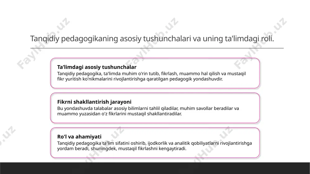 jarayonini kengaytiradi va kreativ muhit yaratadi. bu esa zamonaviy ta'lim uchun muhim. innovatsion yondashuvlar va ta'limda kreativlikni rivojlantirishning asosiy prinsiplari 01 innovatsion yondashuvlar innovatsion yondashuvlar ta'limda yangi texnologiyalar, metodlar va usullarni joriy qilish orqali o'quv jarayonini yanada samarali va qiziqarli qilishga xizmat qiladi. bu yondashuvlar o'quvchilarning kreativ fikrlashini rivojlantiradi va muammolarni innovatsion tarzda hal qilish imkonini yaratadi. 02 kreativlikni rivojlantirish ta'limda kreativlikni rivojlantirish uchun o'quvchilarga mustaqil fikrlash, loyiha asosidagi ishlar va muvofiqlashtirilgan muhit taqdim etiladi. bu usullar orqali ular o'z fikrlarini erkin ifoda etib, yangi g'oyalar yaratishga o'rganadilar. 03 prinsiplar va asoslar innovatsion va kreativ ta'limda asosiy prinsiplarga moslashuvchanlik, interaktivlik va texnologiyadan foydalanish kiradi. bu prinsiplar o'quvchilarning qiziqishini oshiradi va zamonaviy ta'lim talablariga javob beradi. o'yin va simulyatsiyalar yordamida kreativ fikrlashni shakllantirish usullari 1 interaktiv o'yinlar o'yinlar va simulyatsiyalar orqali talabalarning kreativ fikrlash qobiliyatlari rivojlanadi. bu usul ularni muammolarni yangi yondashuv bilan hal qilishga o'rgatadi. 2 simulyatsion muhitlar real hayotdagi …