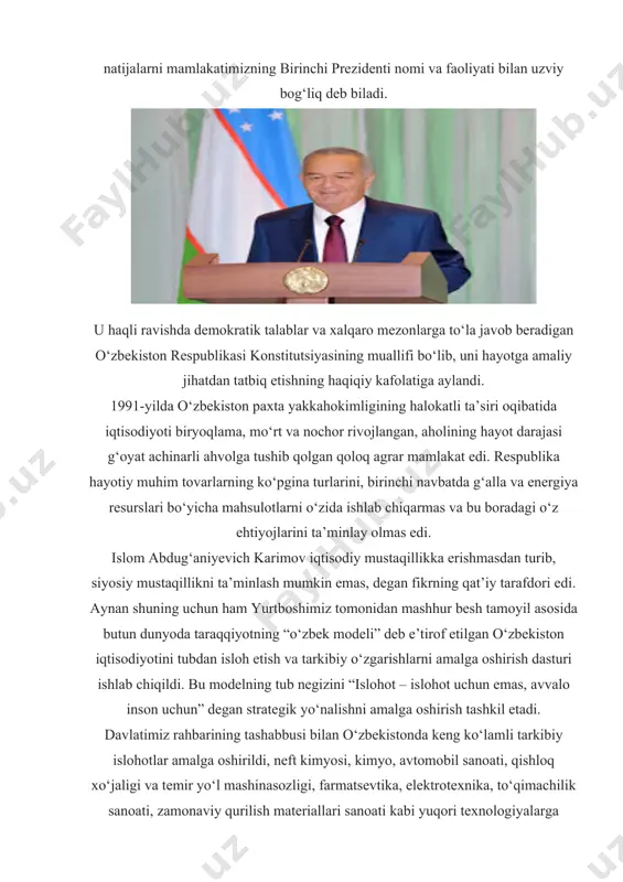 chiqarmas va bu boradagi o‘z ehtiyojlarini ta’minlay olmas edi. islom abdug‘aniyevich karimov iqtisodiy mustaqillikka erishmasdan turib, siyosiy mustaqillikni ta’minlash mumkin emas, degan fikrning qat’iy tarafdori edi. aynan shuning uchun ham yurtboshimiz tomonidan mashhur besh tamoyil asosida butun dunyoda taraqqiyotning “o‘zbek modeli” deb e’tirof etilgan o‘zbekiston iqtisodiyotini tubdan isloh etish va tarkibiy o‘zgarishlarni amalga oshirish dasturi ishlab chiqildi. bu modelning tub negizini “islohot – islohot uchun emas, avvalo inson uchun” degan strategik yo‘nalishni amalga oshirish tashkil etadi. davlatimiz rahbarining tashabbusi bilan o‘zbekistonda keng ko‘lamli tarkibiy islohotlar amalga oshirildi, neft kimyosi, kimyo, avtomobil sanoati, qishloq xo‘jaligi va temir yo‘l mashinasozligi, farmatsevtika, elektrotexnika, to‘qimachilik sanoati, zamonaviy qurilish materiallari sanoati kabi yuqori texnologiyalarga asoslangan mutlaqo yangi sanoat tarmoqlariga asos solindi. ustyurt va sho‘rtan gaz-kimyo majmualari, buxoro neftni qayta ishlash zavodi, qo‘ng‘irot soda zavodi, dehqonobod kaliyli o‘g‘itlar korxonasi, andijon, samarqand, toshkent va xorazm viloyatlaridagi avtomobil zavodlari singari dunyo miqyosidagi noyob sanoat obyektlari barpo etildi. respublikamizda …