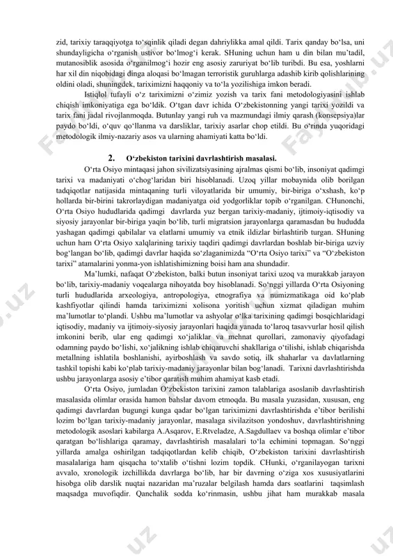 metodologiyasi mana shu tarixiy haqiqatlarni ro‘yobga chiqishi – tarix haqiqiy yozilishi uchun birdan-bir to‘g‘ri yo‘l ko‘rsatuvchi dasturdir. eng qisqa va tushunarlik qilib aytsak, umuman metodologiya fanlarning fanidir. keyingi paytda o‘zbekiston tarixi fani metodologiyasini yaratish imkoniyati paydo bo‘ldi. avvalo, metodologiya haqida to‘xtalsak, metodologiyaning lug‘aviy ma’nosi grekcha «metodos» va «logos» degan ikki so‘z birikmasidan iborat bo‘lib, metod, ya’ni, usul – tadqiqot olib borish usuli (yo‘li), nazariya, ta’limot, logiya esa fan deganidir. demakki, metodologiya ya’ni, uslubiyat ilmiy tadqiqot olib borish yoki biror bir masalani ilmiy o‘rganishning eng qulay usullari, eng to‘g‘ri va mukammal g‘oyasi, nazariyasi va ta’limotlari majmuidan iborat bir butun fandir. boshqa ma’noda esa, metodologiya ilmiy bilish yoki ma’lum bir ilmiy faoliyatni tashkil etish va amalga oshirishda qo‘llaniladigan usullar haqidagi fandir. demak, tarix fani metodologiyasi tarixni o‘rganuvchi va o‘qituvchilarni aniq maqsad sari to‘g‘ri etaklaydi, ya’ni tarix haqqoniy yozilishi va o‘rganilishiga yo‘l-yo‘riq ko‘rsatadi. har qanday fanning metodologiyasi xususida gap borar ekan, odatda shu …