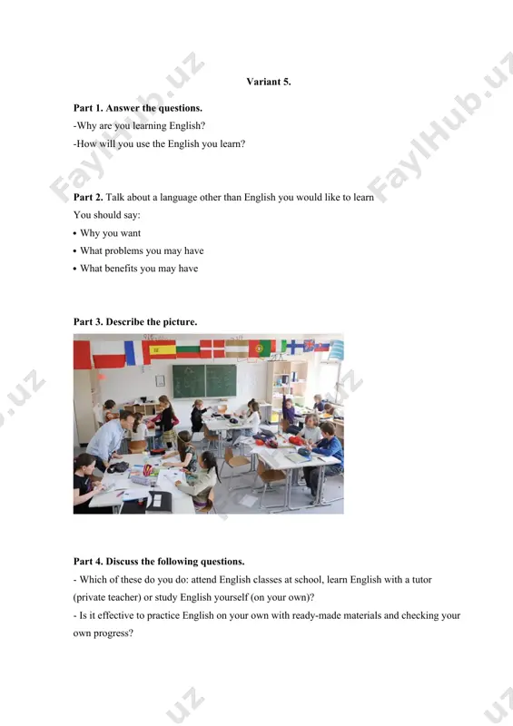 teacher which subject he/she taught you and describe what it was about his/her character that you liked. part 3. describe the picture. part 4. discuss the following questions. · which personal qualities do you think we most want to pass on to our children? · which personality types do you think are less likely to suffer from stress or anxiety? variant 17. part 1. answer the questions. · do you like watching movies? · how often do you watch movies? · what kind of films do you prefer? part 2. describe the film that you watched last you should say: · what is name of it · what about this film · why do you like it part 3. describe the picture. part 4. discuss the following questions. · how can movies affect the personality? · how can you describe the movies produced in your country? variant 18. part 1. …