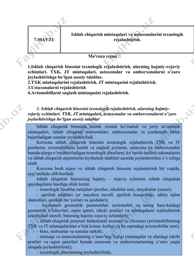 ishlab chiqarish mintaqalari va ustaxonalarini texnologik rejimini rejalashtirish — PDF