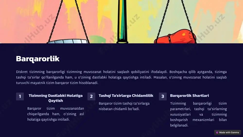 k o'rtasidagi farq barqarorlik va turg'unlik o'rtasida aniq farqlar mavjud. barqarorlik tizimning muvozanat holatiga qaytish qobiliyatini anglatadi, turg'unlik esa vaqt o'tishi bilan o'zgarmaslik qobiliyatini ifodalaydi. xususiyat barqarorlik turg'unlik ta'rif tizimning muvozanat holatiga qaytish qobiliyati. tizimning vaqt o'tishi bilan o'zgarmaslik qobiliyati. misol mayatnik tizimi doimiy ishlaydigan dvigatel ta'sirlarga munosabat tashqi ta'sirlarga nisbatan chidamlilik vaqt o'tishi bilan o'zgarmaslik barqarorlikni tahlil qilish usullari diskret tizimlarning barqarorligini tahlil qilishda turli usullar qo'llaniladi. ushbu usullar tizimning xatti-harakatlarini modellashtirish va uning barqarorlik holatini aniqlashga yordam beradi. ba'zi keng tarqalgan usullar quyidagilardir: 1 lineerizatsiya usullari ushbu usullar tizimning xatti-harakatlarini lineer tenglamalar yordamida modellashtiradi va ularning barqarorlik holatini aniqlash uchun lineer algebra usullarini qo'llaydi. 2 lyapunov funktsiyalari lyapunov funktsiyalari tizimning barqarorligini baholash uchun ishlatiladi va ular tizim energiyasini vaqt o'tishi bilan qanday o'zgarishini kuzatadi. 3 raqamli simulyatsiya raqamli simulyatsiya tizimni kompyuterda modellashtirishga imkon beradi va uning barqarorlik holatini vaqt o'tishi bilan kuzatishga yordam beradi. turg'unlikni tahlil qilish usullari …