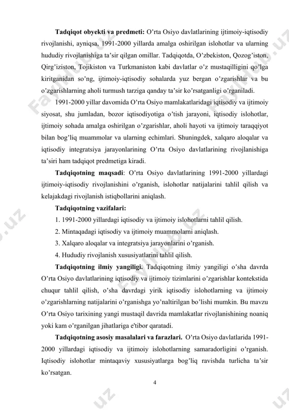 oʼrganishga yoʼnaltirilgan boʼlishi mumkin. bu mavzu oʼrta osiyo tarixining yangi mustaqil davrida mamlakatlar rivojlanishining noaniq yoki kam oʼrganilgan jihatlariga e'tibor qaratadi. tadqiqotning asosiy masalalari va farazlari. oʼrta osiyo davlatlarida 1991-2000 yillardagi iqtisodiy va ijtimoiy islohotlarning samaradorligini oʼrganish. iqtisodiy islohotlar mintaqaviy xususiyatlarga bogʼliq ravishda turlicha taʼsir koʼrsatgan. tadqiqot mavzusi bo‘yicha adabiyotlar sharhi. oʼrta osiyo davlatlarining ijtimoiy-iqtisodiy rivojlanishi, ayniqsa, 1991-2000 yillar davrida amalga oshirilgan islohotlar haqida bir nechta muhim ilmiy tadqiqotlar mavjud. 1991-yilda sovet ittifoqining qulashidan soʼng, oʼrta osiyo davlatlari mustaqillikka erishib, bozor iqtisodiyotiga oʼtish jarayoniga kirishdi. bu jarayonni oʼrganishga bagʼishlangan o‘zbek, rus va ingliz tillarida va shu bilan birga internet saytlari orqali olingan ma’lumotlardan foydalandim. dissertatsiyani tayyorlash jarayonida o‘rta osiyo davlatlari qonunlari, prezident farmonlari va vazirlar mahkamasining qarorlari[footnoteref:3], shuningdek, o‘zbekiston respublikasi prezidentining asar va ma’ruzalaridan[footnoteref:4] keng foydalanildi. bular o‘z vaqtida muhim ijtimoiy, iqtisodiy va siyosiy sohalardagi o‘zgarishlarni amalga oshirishga qaratilgan. ushbu hujjatlar va amaliy ishlar, mamlakatlardagi siyosiy barqarorlikni, ijtimoiy o‘zaro munosabatlarni …