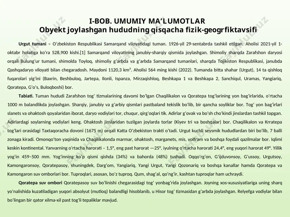 –razryadli gidrotexnik nivelirlash punktiga tayanadi. u deformatsiya zonasidan 1,5-2,0 km tashqarida joylashgan 3 ta to‘p reperni biriktiradi. nivelir yo‘llari uzviy bog‘liq poligonlarni tashkil qiladi. to‘pli reperlar o‘rtasidan i-razryadli nivelir yo‘li o‘tkaziladi. to‘pli reperlar 2,5 m chuqurlikka mahkamlangan 3 poydevor to‘p reper (to‘p 1, to‘p 2, to‘p 3) lardan tashkil topgan. bu 3 poydevor to‘p reperlarning har biri uchta fundamental reperlardan tashkil topgan. bu fundamental reperlar bir birdan 60-70 m uzoqlikda joylashishi mumkin (4-shakl). nivelir o‘rtaga qo‘yilib har bir fundamental reperlardan to‘g‘ri va teskari sanoq olinib chiqiladi va natijasi jurnalga yozilib boriladi. nivelirlanib bo‘lgach jurnaldan to‘p 1 reper orasidagi eng samarali cho‘kmagan, siljimagan fundamental reper tanlab olinib to‘p 2 reperdan tanlab olingan fundamental reperga nivelir yo‘li o‘tqazilib bog‘lanadi va hokazo. to‘p 1 bilan to‘p 3 orasidagi masofasi 11.39 km va stansiyalar soni 231 ta. ular o‘rtasidan i razryad nivelir yo‘li o‘tqazganda chekli xatoligi 4.5 mm dan oshmasligi kerak. to‘p 1 bilan …