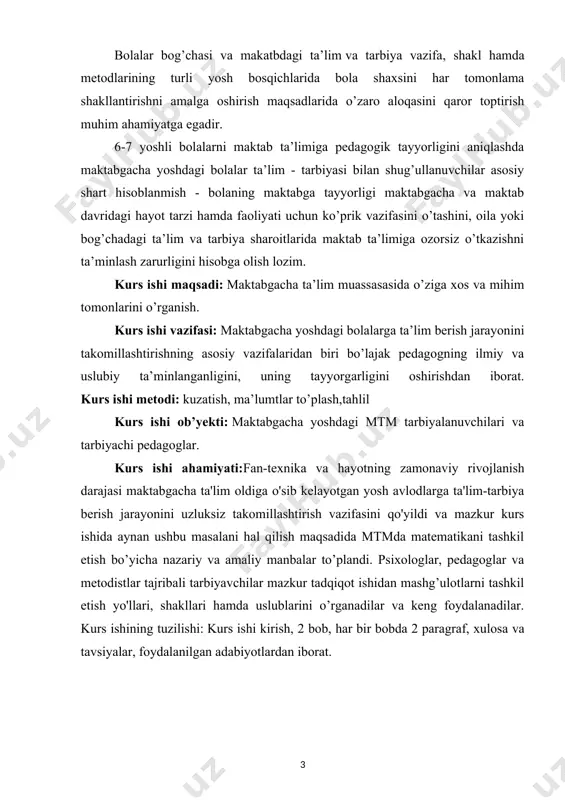 b kelayotgan yosh avlodlarga ta'lim-tarbiya berish jarayonini uzluksiz takomillashtirish vazifasini qo'yildi va mazkur kurs ishida aynan ushbu masalani hal qilish maqsadida mtmda matematikani tashkil etish bo’yicha nazariy va amaliy manbalar to’plandi. psixologlar, pedagoglar va metodistlar tajribali tarbiyavchilar mazkur tadqiqot ishidan mashg’ulotlarni tashkil etish yo'llari, shakllari hamda uslublarini o’rganadilar va keng foydalanadilar. kurs ishining tuzilishi: kurs ishi kirish, 2 bob, har bir bobda 2 paragraf, xulosa va tavsiyalar, foydalanilgan adabiyotlardan iborat. i.bob. “ilm yo‘li” variativ dasturi ilm olishning maktab ta’limiga tayyorlashning zamonaviy bosqichi.\ 1.1. “ilm yo‘li” variativ dasturi asosida bolalarni maktabga tayyorlash. o‘zbekiston respublikasi maktabgacha ta’lim vazirligining tashabbusi bilan 6-7 yoshli bolalarni har tomonlama rivojlantirish, ularga ta’lim-tarbiya berish va maktabga tayyorlash maqsadida, “ilm yo‘li” variativ dasturi ishlab chiqildi. mazkur dastur maktabgacha ta’lim tashkilotlari uchun ishlab chiqilgan “ilk qadam” davlat o‘quv dasturi, o‘zbekiston respublikasida ilk va maktabgacha yoshdagi bolalarning rivojlanishiga qo‘yiladigan davlat talablari, “kadrlar tayyorlash bo‘yicha milliy dastur”, maktabgacha ta’limni rivojlantirish konsepsiyasi …