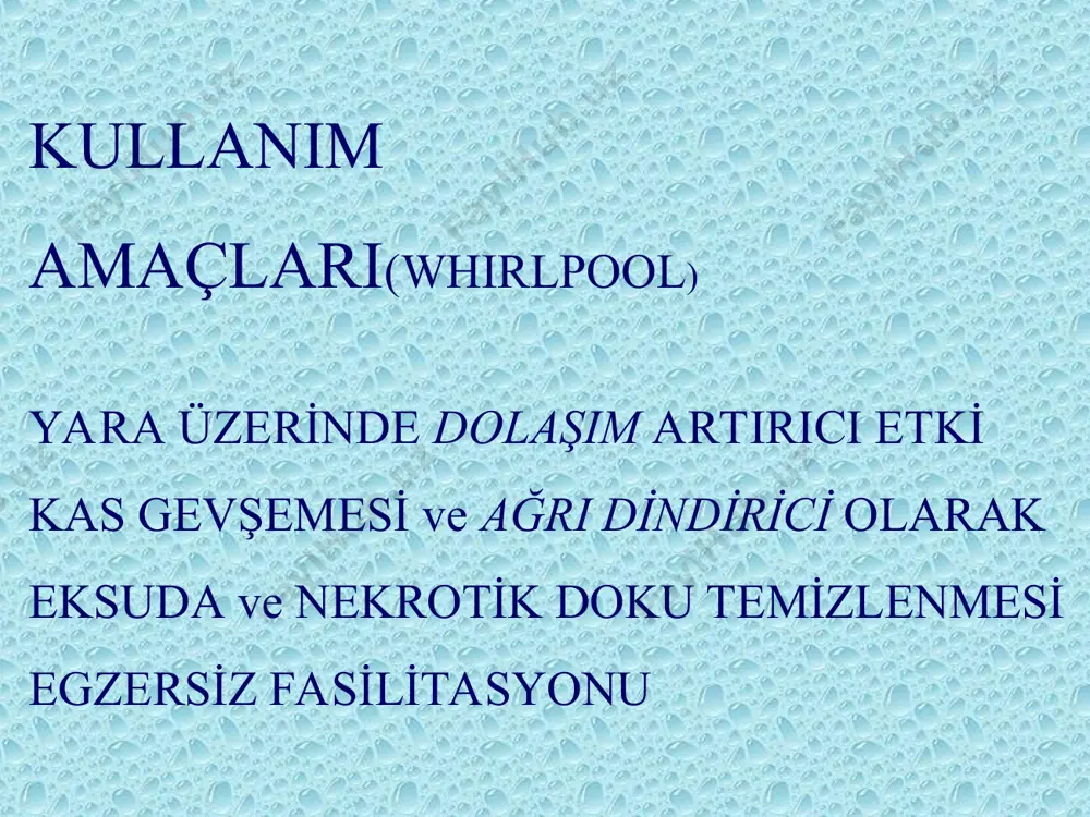 devredeki polio’lu çocuklar beraber tedaviye alınabilir. her uygulamadan sonra tankın suyu boşaltılmalı ve dezenfekte edilmelidir. hastalar hiçbir zaman yalnız bırakılmalıdır duşlar ve spreyler çeşitleri; evlerde kullanılan geniş bir yüzeyden tüm vücuda uygulanabilen jet duşlar filiform duşlar (yüksek basınçla iplik şeklinde uygulanan) manipulatif duşlar uygulama : sıcak, nötral ve soğuk olarak tek başına bir tedavi olarak veya bir tedavinin sonucu olarak yapılır. genel veya diğer banyo uygulamaları ile beraber kullanılabilir. etki̇leri̇ sıcak: uyarıcıdır, durgunluk nötral: sedatif soğuk: stimülan yöntem: sıcak uygulamalarda tedaviye nötral sıcaklıkla başlanıp, maksimum sıcaklığa çıkılır ve 20 dereceye kadar soğutulup tedaviye son verilir. soğuk uygulamalarda ise yine nötral sıcaklıkla başlanıp, istenilen dereceye yavaş yavaş inilir. sicaklik: sıcak 37.5-40 ° c nötral 33.5-36 ° c soğuk 10-21 ° c basinç: sıcak 5-10 kg/cm2 nötral 2.5-5 kg/cm2 soğuk 5-15 kg/cm2 süre: sıcak 10 sn-3 dk nötral 2-5 dk soğuk 5-30 sn endi̇kasyonlari sıcak canlandırıcı, rahatlatıcı, ağrı dindirici olarak nötral sakinleştirici …