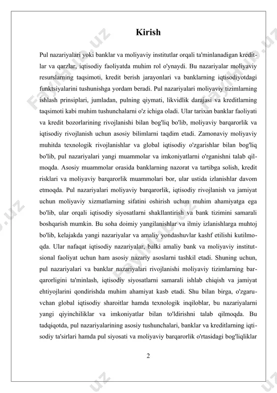 uhim ahamiyat kasb etadi. shu bilan birga, o'zgaruvchan global iqtisodiy sharoitlar hamda texnologik inqiloblar, bu nazariyalarni yangi qiyinchiliklar va imkoniyatlar bilan to'ldirishni talab qilmoqda. bu tadqiqotda, pul nazariyalarining asosiy tushunchalari, banklar va kreditlarning iqtisodiy ta'sirlari hamda pul siyosati va moliyaviy barqarorlik o'rtasidagi bog'liqliklar o'rganiladi, bu esa moliyaviy tizimlarni yanada samarali boshqarish uchun muhim asoslarni taqdim etadi. i. pul nazariyalari asosiy tushunchalar va mexanizmlarni o'rganish pul nazariyalari, yoki banklar va moliyaviy institutlar orqali ta'minlanadigan kreditlar va qarzlar, iqtisodiy faoliyatda muhim o‘rin tutadi. bu nazariyalar moliyaviy resurslarning taqsimoti, kredit berish jarayonlari va banklarning iqtisodiyotdagi funktsiyalarini tushunishga yordam beradi. pul nazariyalari asosida pulning qiymati, likvidlik darajasi va kreditlarning taqsimoti kabi muhim tushunchalar yotadi. ular, shuningdek, pulning iqtisodiy hayotdagi rolini va banklarning iqtisodiy tizimdagi o‘rnini aniqlashda muhim ahamiyat kasb etadi. pul nazariyalari ichida asosiy yoritiladigan tushunchalardan biri — pulning qiymati va uning iqtisodiy faoliyatdagi o‘rni. pul, avvalo, umumiy qabul qilingan to‘lov vositasi sifatida xizmat …
