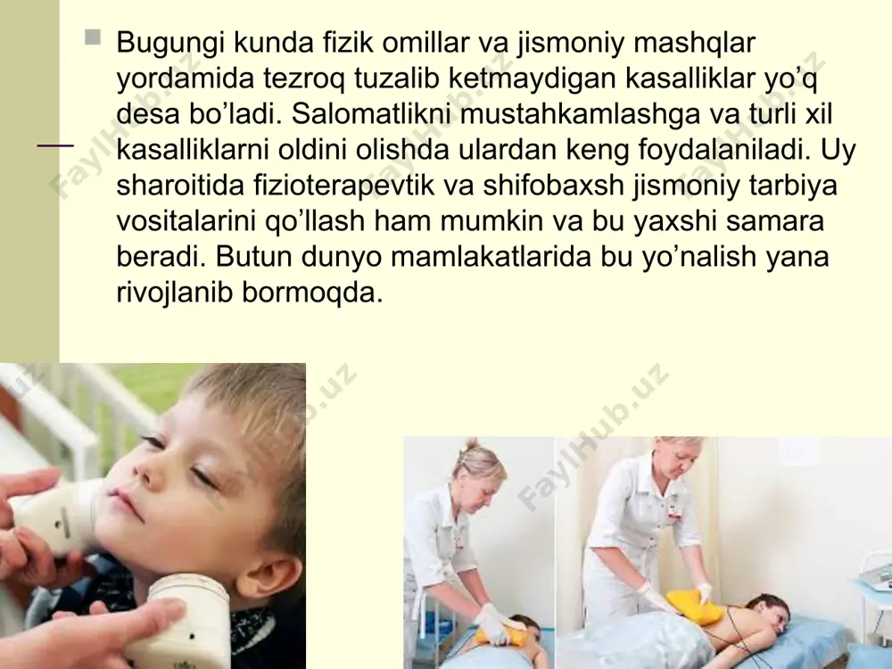 kompleksida faqat dori-darmonlarni qo’llashga tayanib qolmasdan, balki dorisiz davolash usullarini qo’llashga katta e’tibor berilmoqda. bu amalga oshirishda fizioterapevtik muolajalarning va shifobaxsh jismoniy tarbiyaning roli kattadir. bunga erishish uchun organizmga ta’sir etadigan fizik omillar va jismoniy mashqlar xarakterini, ta’sir mexanizmini, fiziologik ta’sirini, fizioterapevtik muolajalarning qo’llash usullarini va dozirovkalarini, shifobaxsh jismoniy tarbiyaning vosita va shakllarini, harakat tartibotlarini bilish shart. kasallikni davolashdan ko’ra, uning oldini olish afzalligini esda tutgan holda kasalliklarni oldini olish va sog`lom turmush tarzini targ`ibot etishga imkon darajasida keng yondoshish zarurdir. bugungi kunda fizik omillar va jismoniy mashqlar yordamida tezroq tuzalib ketmaydigan kasalliklar yo’q desa bo’ladi. salomatlikni mustahkamlashga va turli xil kasalliklarni oldini olishda ulardan keng foydalaniladi. uy sharoitida fizioterapevtik va shifobaxsh jismoniy tarbiya vositalarini qo’llash ham mumkin va bu yaxshi samara beradi. butun dunyo mamlakatlarida bu yo’nalish yana rivojlanib bormoqda. fizioterapiya vositalari tibbiyot amaliyotida tabiiy (tabiat qo’ynida dam olish maskanlarida) va sun’iy (shakllantirilgan) fizik omillardan keng foydalaniladigan fizioterapiyaning ma’lum …