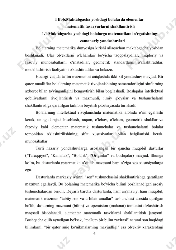 kichik, og'ir - engil va boshqalar), o'lchamini taqqoslash usullaridan foydalangan holda. superpozitsiya va qo'llash va taqqoslash natijalarini so'zlar bilan aniqlash (yuqorida - past, ko'proq - kam, son jihatdan teng va boshqalar); joylashtirish (katta va kichraytiruvchi oʻlchamdagi buyumlarga xizmat koʻrsatish; obʼyektlarni oʻlchamiga koʻra guruhlash (sinflash). ikkinchi bosqich - bu qiymatlar (4,5-5,5 yosh) bilan harakatlarni bajarish asosida bolaning raqamlar dunyosiga kirishi. bu bosqichda bolalar solishtirilgan ob'ektlardan biriga teng bo'lgan "o'lchov" yordamida ob'ektlar hajmini solishtirishni o'rganadilar; shartli o'lchov yordamida ob'ektlarning o'lchamini tenglashtiring, o'lchov natijasini ob'ektiv shaklda aniqlang (o'lchov lenta uzunligi bo'ylab doiralar qancha ko'p bo'lsa, shuncha ko'p mos keladi), so'ngra raqamli so'zlar yordamida og'zaki shaklda (" moslikni besh marta o'lchang"); sonning miqdoriy va tartib qiymatini tushunish; miqdorning (uzluksiz va diskret) boshqa xususiyatlardan mustaqilligini tushunish: rang, fazoviy joylashuv va boshqalar; suyuq va donador jismlarning hajmini, jismlarning massasini (og'irligini) o'lchash; kattalikning (uzunlik, miqdor, hajm, massa) saqlanish tamoyilini qabul qilish; ob'ektlarni hajmi bo'yicha tartiblang va guruhlang. …