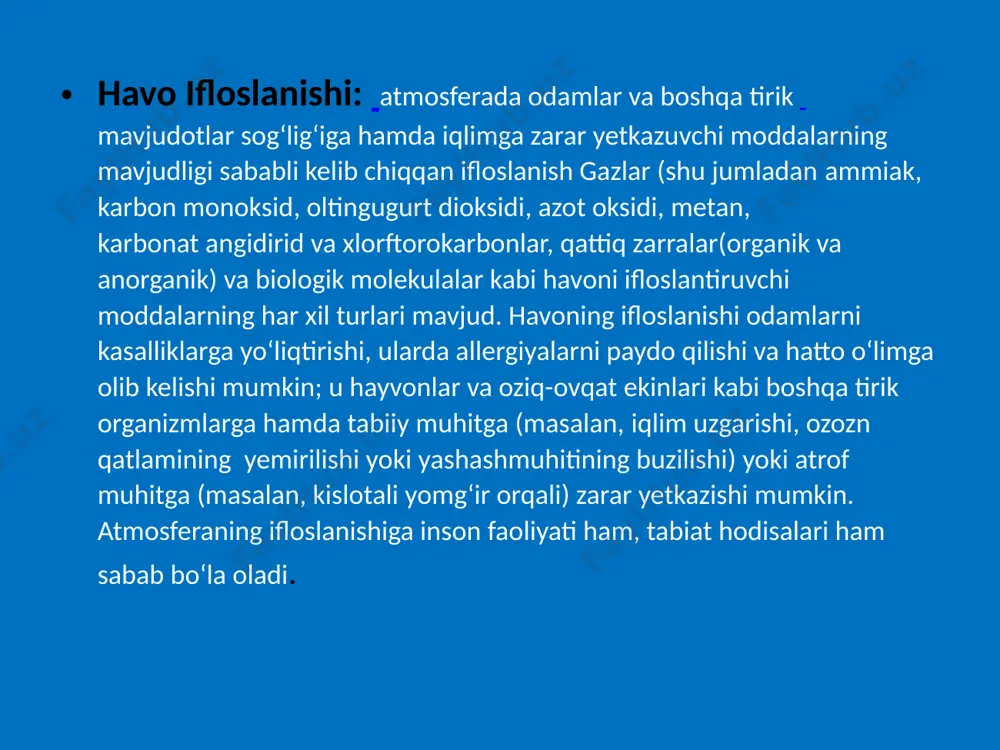 tuproq ifloslani- inson salomatligi asosan yashashga majbur bo'lgan muhit bilan belgilanadi. tuproq muhim rol o'ynaydi. yaxshi va mustahkam inson salomatligi ko'p jihatdan tuproqning tuzilishi va tarkibiga bog'liq. bu oziq-ovqat sifati tuproqqa, ya'ni odam iste'mol qiladigan o'simlik va hayvonot dunyosining holatiga bog'liqligi bilan bog'liq. tuproq qishloq xo'jaligi ishlab chiqarishining asosiy vositasidir. atrof-muhit va odamlarga nisbatan tuproq muhim rol o'ynaydi - u turli ifloslantiruvchi moddalarni yutadi va saqlaydi. shunday qilib, tuproq bu birikmalarning tabiiy suvlarga, o'simliklarga va keyinchalik oziq moddalar zanjiri bo'ylab hayvon organizmlari va odamlarga kirib borishini oldini oluvchi filtr vazifasini o'taydi. biroq, tuproqning bu boradagi imkoniyatlari cheksiz emas va texnogen ifloslanish darajasi tobora ortib bormoqda, shuning uchun odamlarning zaharlanish hollari tobora ko'paymoqda. og'ir metallar tanaga kiritilganda jigar, buyrak, yurak funktsiyalari buzilishi, kamqonlik, xotira buzilishi, eshitish qobiliyati, oshqozon yarasi jarayonlari. zamonaviy tendentsiyalar shundan iboratki, odamlar qishloq xo'jaligida toksik moddalar, pestitsidlar, gerbitsidlar, tuproq va inson tanasi uchun juda zararli moddalardan foydalanishni minimallashtirishlari …