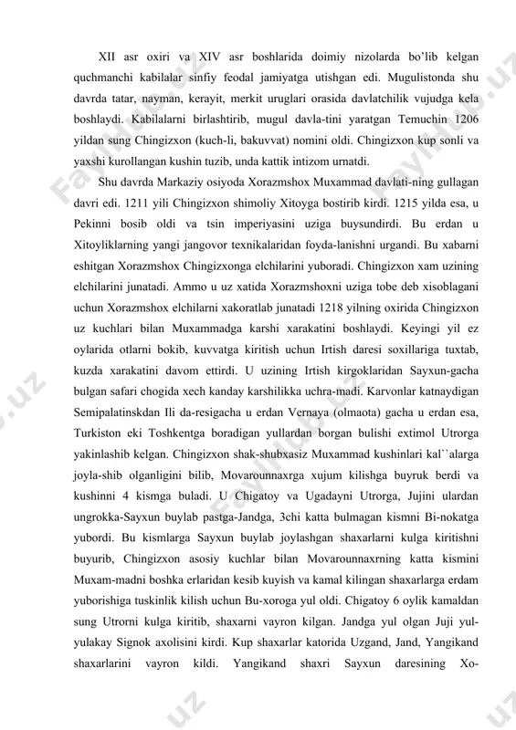 di. u chigatoy va ugadayni utrorga, jujini ulardan ungrokka-sayxun buylab pastga-jandga, 3chi katta bulmagan kismni bi-nokatga yubordi. bu kismlarga sayxun buylab joylashgan shaxarlarni kulga kiritishni buyurib, chingizxon asosiy kuchlar bilan movarounnaxrning katta kismini muxam-madni boshka erlaridan kesib kuyish va kamal kilingan shaxarlarga erdam yuborishiga tuskinlik kilish uchun bu-xoroga yul oldi. chigatoy 6 oylik kamaldan sung utrorni kulga kiritib, shaxarni vayron kilgan. jandga yul olgan juji yul-yulakay signok axolisini kirdi. kup shaxarlar katorida uzgand, jand, yangikand shaxarlarini vayron kildi. yangikand shaxri sayxun daresining xo-razm(orol)dengizga kuyilish joyidan ikki kunlik maso-fada joylashgan edi. chingizxon binokentga yuborgan 3 chi kism uni zabt etib, temurmalik kumondonlik kilaetgan xujand kal``asiga yakinlashdi. u esa saralangan 1000 ta jangchi bilan sayxun daresidagi mustaxkam kal``asi bul-gan orolga joylashadi. 1220yilning mart oyida buxoroga, u erdan samarkandga yul olib,1 aprelda shaxar eshiklari ochib beriladi. chingizxon samarkandda turib, sulton muxammadni jayxun daresininng narigi kirgogiga utib ketganini eshitadi. chingizxon ugillari xorazm uchun jang …