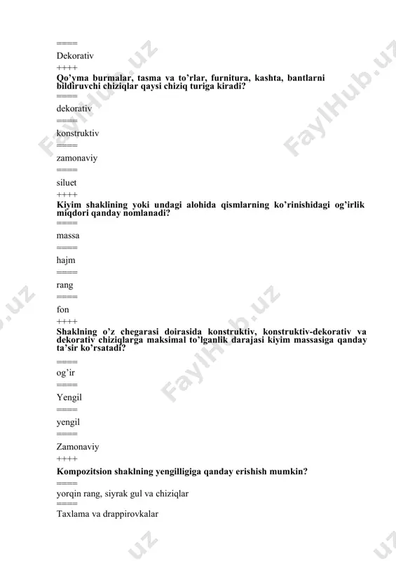 mosligida. ==== masshtablilik. ==== nisbatlilik. ==== fazoviylik. ==== kontrastlilik. ++++ kompozitsiya shakl elementlari qaysi prinsiplarga asosan birlashishi mumkin? ==== kontrast, nyuans, o’zshashlik. ==== aktivlik, o’xshashlik. ==== aktivlik, o’xshashlik. ==== o’xshashlik, o’xshamaslik. ++++ qarama-qarshi, teskari shakl, rang va faktura qaysi prinsipga kiradi? ==== kontrast. ==== nyuans ==== o’xshashlik. ==== aktivlik. ++++ shakl elementlarining navbatma-navbat qonuniy almashinuvi bu - #ritm. ==== interval. ==== miqdor. ==== sifat. ++++ kompozitsion ritm turlarini aniqlang. ==== spiralsimon, nursimon, radial, parallel. ==== parallel, perpendikulyar. ==== aylana, zigzagsimon. ==== kesmali, nursimon, radial. ++++ spektrdagi ranglar necha xil bo’ladi? ==== 4 ==== 5 ==== 3 ==== 7 ++++ kontrast ranglarga qaysilar kiradi? ==== spektrda qarama-qarshi joylashgan. ==== spektrda yonma-yon joylashgan. ==== spektrda yonma-yon joylashgan. ==== bir-biridan hosil qilingan. ++++ rang kompozitsiyada tanani uzoqlashtirib ko’rsatadi ==== qora. ==== oq. ==== qizil. ==== sariq. ++++ materialning plastik xususiyatiga nimalar kiradi? ==== mayinlik, dag’allik, osiluvchanlik. ==== mayinlik, dag’allik, osiluvchanlik. ==== havo o’tkazuvchanlik, …