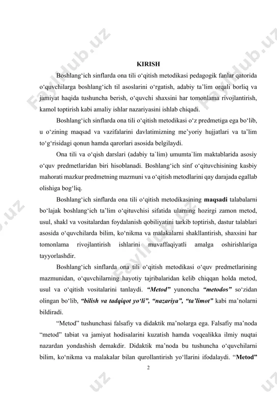 sh metodikasi o‘quv predmetlarining mazmunidan, o‘quvchilarning hayotiy tajribalaridan kelib chiqqan holda metod, usul va o‘qitish vositalarini tanlaydi. “metod” yunoncha “metodos” so‘zidan olingan bo‘lib, “bilish va tadqiqot yo‘li”, “nazariya”, “ta’limot” kabi ma’nolarni bildiradi. “metod” tushunchasi falsafiy va didaktik ma’nolarga ega. falsafiy ma’noda “metod” tabiat va jamiyat hodisalarini kuzatish hamda voqealikka ilmiy nuqtai nazardan yondashish demakdir. didaktik ma’noda bu tushuncha o‘quvchilarni bilim, ko‘nikma va malakalar bilan qurollantirish yo‘llarini ifodalaydi. “metod” usullar majmuidan iborat. masalan, “otlarning kelishik qo‘shimchalari bilan qo‘llanishi” mavzusini yarim izlanishli muammoli metodda o‘qitishda o‘quvchini muammoli izlanishga undovchi vaziyatlarni yuzaga keltirishga doir turli usullardan foydalaniladi. til materiallarini o‘quvchi o‘qiydi (to‘g‘ri o‘qish, me’yorida o‘qish, ifodali o‘qish, tushunib o‘qish kabi o‘qish texnikasini qo‘llaydi), kuzatadi (kuzatish usuli), o‘xshash va farqli xususiyatlarini aniqlaydi (taqqoslash usuli), so‘zlarning shakliga qarab guruhlaydi (guruhlash usuli), ma’lumotlarni umumlashtiradi (umumlashtirish usuli) va hokazo. bular - aqliy faoliyatni ishga solishda qo‘llaniladigan usullar, ya’ni o‘quvchining fikrlash faoliyatini muammoli va izlanishli vaziyatga solish usullari. …