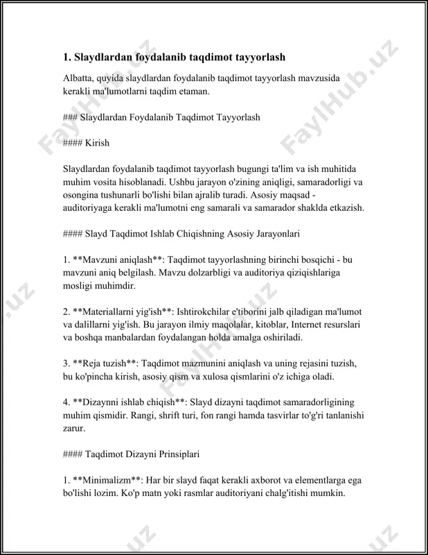 tomonidan yaratilgan va keyin microsoft tomonidan sotib olingan. powerpoint dasturida taqdimot yaratish jarayoni asosan quyidagi bosqichlarni o'z ichiga oladi: 1. dasturda yangi taqdimot faylini ochish; 2. taqdimot uchun mavzuni tanlash; 3. slaydlar qo'shish; 4. matn, rasm, grafik va boshqa vizual elementlarni kiritish; 5. slaydlarga animatsiya va o'tish effektlarini qo'shish; 6. prezentatsiyani oldindan ko'rib chiqish; 7. tayyor taqdimotni saqlash va eksport qilish. powerpoint dasturi ko'plab imkoniyatlarga ega. u interaktiv taqdimotlar yaratish uchun turli xil matn va grafika vositalarini taklif etadi. foydalanuvchilar 40 dan ortiq turli xil slayd shablonlari, yuzlab shriftlar, rang sxemalari va dizayn elementlaridan foydalanishlari mumkin. statistik ma'lumotlarga ko'ra, powerpoint dasturi biznes taqdimotlarining 95 foizida qo'llaniladi. 2023 yilda microsoft office paketining bir qismi sifatida powerpoint-ning foydalanuvchilar soni taxminan 1,2 milliard edi. ushbu dastur 100 dan ortiq tillarda mavjud bo'lib, u har yili milliardlab taqdimotlar yaratishda qo'llaniladi. powerpoint-da grafiklar va diagrammalardan foydalanish imkoniyati mavjud. bu foydalanuvchilar uchun ma'lumotlarni yanada tushunarli va …