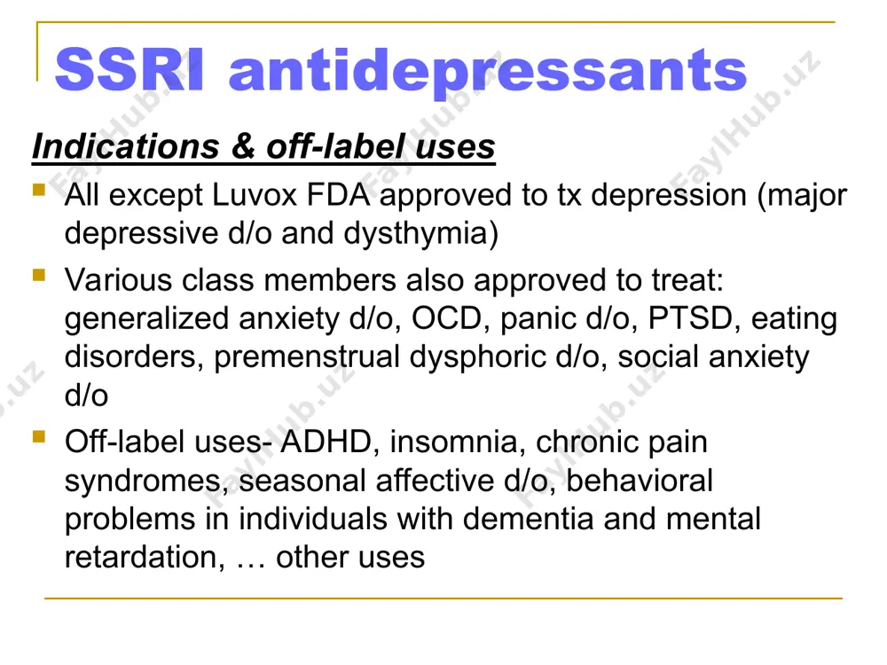 h ne- noropinephrine activity; 5ht- serotonin activity (5-hydroxy-tryptamine); ocd:obsessive-compulsive d/o ach- anticholinergic effects; sed- sedation; mod-moderate; mgrha- migraine headache prophylaxis * mood stabilizers- introduction treat bipolar disorder (manic-depressive disorder) many used to treat various seizure d/o types, migraines, chronic pain syndromes, aggression, impulsivity, augmentation of antidepressants and antipsychotics other classes of meds also used in bipolar treatment usually in combination with mood stabilizers treatment of acute mania vs. prophylaxis vs. depression * older mood stabilizers lithium- features only mood stabilizer without significant anticonvulsant properties up to 70% response rate demonstrated effectiveness in reducing suicidality less effective in rapid cycling and mixed bipolar states full clinical effect may take up to 1-2 months serum levels guide dosing lab draw 8-12 hrs after last dose excreted through the kidneys minimal liver mediated drug-drug interactions (but see next slide for other medication issues) * older mood stabilizers lithium- side effects fine tremor, weight …