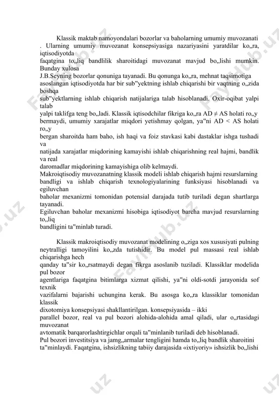 - yalpi daromadlar avtonom xarajatlarning dastlabki o`sishi (kamayishi)dan necha marta ortik o`sganligini (kamayganligi) ko`rsatadi. avtonom iste`mol δsa mikdorga o`ssa, bu yalpi xarajatlar va daromadlar (u) ning o`sha mikdorda o`sishiga olib keladi. bu esa, o`z navbatida iste`molning ikkinchi marta (daromadlar oshishi xisobiga) mrs x δsa mikdorda o`sishiga olib keladi. keyinchalik yalpi xarajatlar va daromadlar mrsxδsa mikdorda yana o`sadi. shunday kilib, «daromad-xarajat» ko`rinishidagi doiraviy aylanish bo`yicha jarayon davom etaveradi. δsa↑ >y↑ va xokazo.ad↑c↑y↑ad↑c↑y↑ad↑ ushbu oddiy vaziyatdan ko`rinib turibdiki, yalpi daromadlar (y), avtonom iste`molning dastlabki o`zgarishi δsa↑ ga nisbatan bir necha marta ko`p o`zgaradi. bu shuni bildiradiki, s, i, g yoki xp mikdorlardagi oddiy o`zgarishlar xam ishlab chikarish xajmi va bandlik darajalarida katta o`zgarishlarga olib kelishi mumkin.shunday kilib, mul’tiplikator iktisodiy bekarorlik omili xisoblanadi. shuning uchun xam davlatning byudjet-solik siyosatidagi asosiy vazifalardan biri bo`lib, o`rnatilgan barkarorlashtirgichlar tizimini yaratish xisoblanadi. bu tizim iste`molga chegaralangan moyillikni kamaytirish orkali multiplikatsiya samarasini pasaytiradi. mul’tiplikator samarasi moxiyatini kuyidagi misolda …