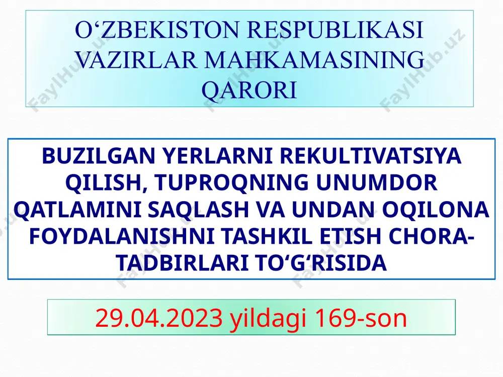 orqali yerlarning xujalik unumdorligini tiklash. rekultivatsiyaning birinchi bosqich ishlari har bir holat uchun alohida yondoshishni talab kiladi. chunki, bu ishlarda qazilma boyliklarni qazib olish chuqurligi, bu jarayonda qullaniladigan texnika turlarini hisobga olishi kerak. shuning uchun ham bu bosqich ishlari ham bir necha bosqichlarda bajarilgan ishlar tarkibidan iborat buladi. masalan, jins uyumlarining sirt kismini qishlok xujalik texnikasi harakatlanishi mumkin bulgan darajada tekislash, xandaklarini tuldirish ba’zi tepaliklarni qirkish, eroziyani yuqotish, tekislangan jins ustiga unumdor tuproq qatlamini tukish va uni ma’lum qalinlikda tarqatish, zaruriyat turilganda, tuprok eroziyasining oldini olish maqsadida dalada kundalang tuproq uyumlarini hosil qilish. rekultivatsiya ishlarining aksariyatida tekislangan yuzaga unumdor tuproq qatlamini tushash ishlari bajariladi. shuning uchun ham bu hosil qilingan qatlamning boshqa ishlarni bajarishda saklanishi shartligi, uning yuqolib ketishiga yul quyilmasligiga katta e’tibor berilishi kerak. ukrainaning temir va kumir shaxtalari ta’sirida buzilgan yerlar rekultivatsiya qilinib, tekislanib, ustiga 70- 80 sm qalinlikda qora tuproq tukib, bugdoy ekilganda hosildorligi qushni xujaliklarga nisbatan …
