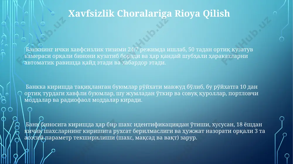 ko'pgina bank kartalari kontaktsiz to'lov texnologiyasini (nfc) qo'llab-quvvatlaydi, bu esa 50 000 so'mgacha bo'lgan to'lovlarni tez va qulay qilish imkonini beradi. bank kartasi orqali oyiga o'rtacha 500 000 so'mgacha naqd pul yechish mumkin, ammo ba'zi banklar cheklovlar qo'yishi mumkin, shuning uchun limitlar bilan tanishib chiqish kerak. e'tiboringiz uchun rahmat @taqdimot_robot image1.png image2.png image3.png image4.png image5.png