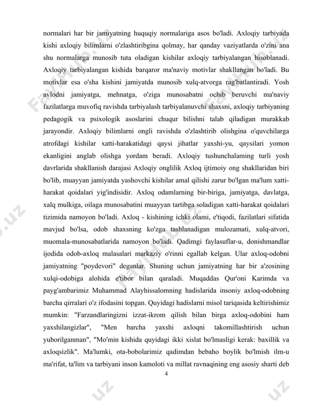 lik axloq ijtimoiy ong shakllaridan biri bo'lib, muayyan jamiyatda yashovchi kishilar amal qilishi zarur bo'lgan ma'lum xatti-harakat qoidalari yig'indisidir. axloq odamlarning bir-biriga, jamiyatga, davlatga, xalq mulkiga, oilaga munosabatini muayyan tartibga soladigan xatti-harakat qoidalari tizimida namoyon bo'ladi. axloq - kishining ichki olami, e'tiqodi, fazilatlari sifatida mavjud bo'lsa, odob shaxsning ko'zga tashlanadigan mulozamati, xulq-atvori, muomala-munosabatlarida namoyon bo'ladi. qadimgi faylasuflar-u, donishmandlar ijodida odob-axloq malasalari markaziy o'rinni egallab kelgan. ular axloq-odobni jamiyatning "poydevori" deganlar. shuning uchun jamiyatning har bir a'zosining xulqi-odobiga alohida e'tibor bilan qaraladi. muqaddas qur'oni karimda va payg'ambarimiz muhammad alayhissalomning hadislarida insoniy axloq-odobning barcha qirralari o'z ifodasini topgan. quyidagi hadislarni misol tariqasida keltirishimiz mumkin: "farzandlaringizni izzat-ikrom qilish bilan birga axloq-odobini ham yaxshilangizlar", "men barcha yaxshi axloqni takomillashtirish uchun yuborilganman", "mo'min kishida quyidagi ikki xislat bo'lmasligi kerak: baxillik va axloqsizlik". ma'lumki, ota-bobolarimiz qadimdan bebaho boylik bo'lmish ilm-u ma'rifat, ta'lim va tarbiyani inson kamoloti va millat ravnaqining eng asosiy sharti deb bilganlar. albatta, ta'lim-tarbiya …