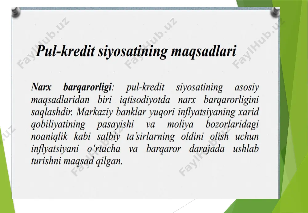 ng umumiy va barqaror o’sishi, bu pulning xarid qobiliyatining pasayishiga olib keladi. inflyatsiyaning bir nechta ta’riflari mavjud: pulning sotib olish qobiliyatining pasayishi: bu inflyatsiyaning eng keng tarqalgan ta’rifidir. pul massasining ko’payishi: ushbu ta’rif inflyatsiyaning oqibatlariga emas, balki uning sabablariga qaratilgan. yalpi talab va yalpi taklif o’rtasidagi tafovut: ushbu ta’rifda inflyatsiya yalpi talab yalpi taklifdan oshib ketganda sodir bo’lishini ta’kidlaydi. inflyatsiyaning bir nechta ta’riflari mavjud: pulning sotib olish qobiliyatining pasayishi: bu inflyatsiyaning eng keng tarqalgan ta’rifidir. pul massasining ko’payishi: ushbu ta’rif inflyatsiyaning oqibatlariga emas, balki uning sabablariga qaratilgan. yalpi talab va yalpi taklif o’rtasidagi tafovut: ushbu ta’rifda inflyatsiya yalpi talab yalpi taklifdan oshib ketganda sodir bo’lishini ta’kidlaydi. deflyasiya (iqtisodiyotda), dezinflyasiya — inflyasiya davrida chiqarilgan muomaladagi ortiqcha qogʻoz pulni kamaytirish; davlat tomonidan muomaladagi pul miqdorini kamaytirishga qaratilgan moliya va pul-kredit tadbirlari (soliqlarni oshirish, qimmatli qogʻozlar sotish, tovar narxlari darajasini pasaytirish, ish haqi oʻsishiga yoʻl qoʻymaslik, tashqi savdoni jonlantirish, banklar hisob stavkasini oshirish, …