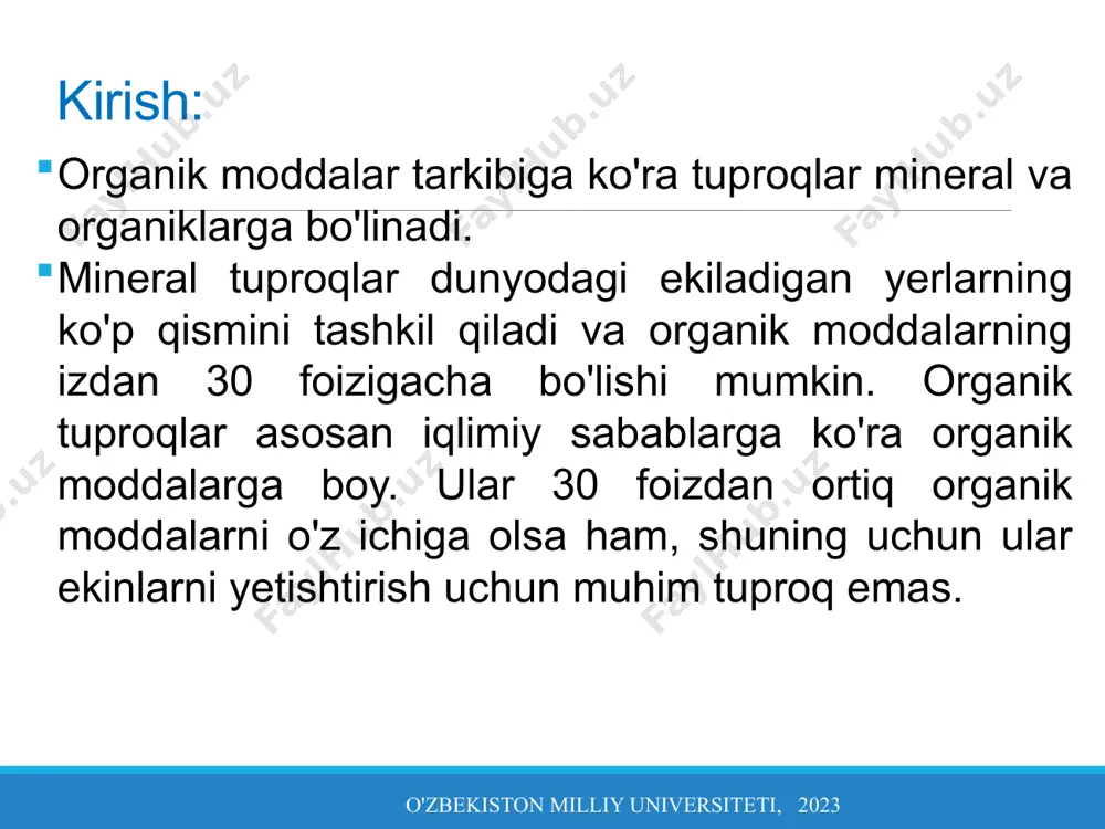 anday vaqtda buzilmagan asl o'simlik va hayvon to'qimalaridan tortib chirindi deb nomlanuvchi materiallarning sezilarli darajada parchalangan aralashmasigacha bo'lgan bir qator materiallardan iborat (1-rasm). tuproqdagi organik moddalarning ko'pchiligi o'simlik to'qimalaridan kelib chiqadi. o'simlik qoldiqlari 60-90% namlikni o'z ichiga oladi. quruq moddalarning qolgan qismi uglerod (c), kislorod, vodorod (h) va oz miqdorda oltingugurt (s), azot (n), fosfor (p), kaliy (k), kaltsiy (ca) va magniy (mg) dan iborat. ular oz miqdorda bo'lsa-da, bu oziq moddalar tuproq unumdorligini boshqarish nuqtai nazaridan juda muhimdir. kirish: o'zbekiston milliy universiteti, 2023 tuproqning organik moddalari turli komponentlardan iborat. ularga turli nisbatlarda va ko'plab oraliq bosqichlarda faol organik fraktsiya, shu jumladan mikroorganizmlar (10-40%) va doimiy yoki barqaror organik moddalar (40-60%) kiradi va gumus deb ham ataladi. kirish: o'zbekiston milliy universiteti, 2023 tuproq organik moddalarining o'rtacha tarkibi почвенная флора и фауна грибы и водоросли дождевые черви макрофауна мезо- и микрофауна бактерии и актиномицеты i.v.tyurinning aniqlashicha,1 ga maydondagi tuproqqa yil davomida …