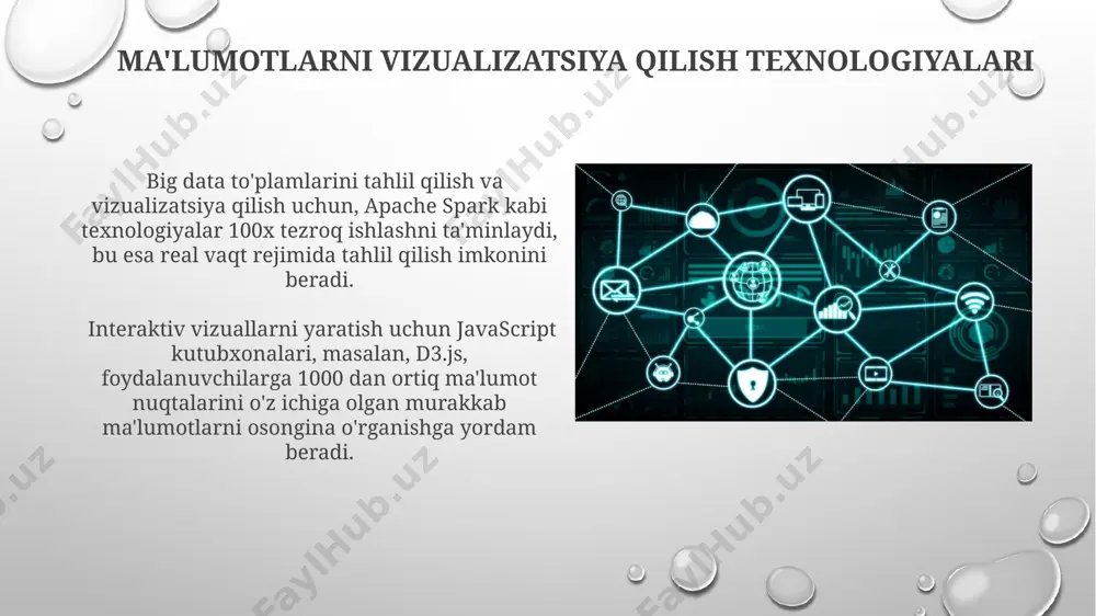 a'lumotlarni uzoq muddatli saqlash imkoniyatini beradi va arzon narxga ega. ma'lumotlarni yig'ish texnologiyalari ma'lumotlarni yig'ishning zamonaviy texnologiyalari, masalan, iot sensorlari yordamida 1000 dan ortiq ma'lumot nuqtalarini real vaqt rejimida kuzatish imkonini beradi, bu esa katta hajmdagi ma'lumotlar to'plamini hosil qiladi. ma'lumotlarni yig'ish jarayonining samaradorligini oshirish uchun, avtomatlashtirilgan tizimlar va mashina o'rganish algoritmlari qo'llanilishi natijasida xatolik darajasi 5% dan kamroqqa kamayishi mumkin. e'tiboringiz uchun rahmat @taqdimot_robot image3.png image4.jpg image5.jpg image6.jpg image7.jpg image8.jpg image9.jpg image10.jpg image11.jpg image1.png