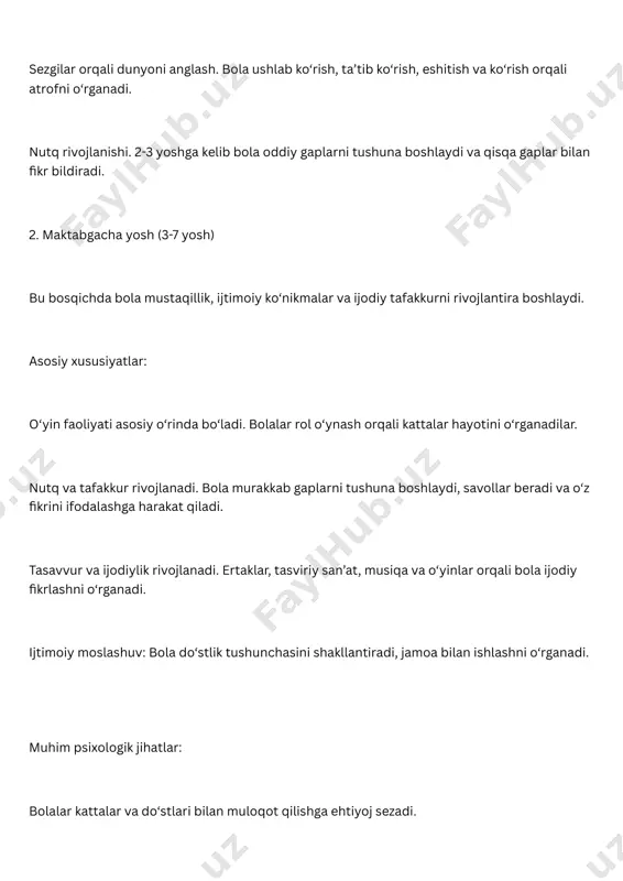 abga boradi va ilm olish jarayoni asosiy o‘ringa chiqadi. asosiy xususiyatlar: intellektual rivojlanish: bolalar mantiqiy fikrlashni, yozish, o‘qish va matematik amallarni o‘rganadi. mehnatsevarlik shakllanadi. o‘qish va uy vazifalari orqali bolalar intizom va tartibga o‘rganadi. jamoaga moslashish: bolalar o‘z tengdoshlari bilan ko‘proq vaqt o‘tkaza boshlaydi va jamoaviy mehnat qoidalarini o‘rganadi. mas’uliyat his qilinadi. bolalar uy vazifalari va maktab topshiriqlari orqali javobgarlikni tushuna boshlaydi. muhim psixologik jihatlar: o‘z-o‘ziga baho rivojlanadi. o‘qituvchi va ota-onaning munosabati bolaning o‘ziga bo‘lgan ishonchiga katta ta’sir qiladi. mustaqillik shakllanadi. bolalar o‘z qarorlarini mustaqil qabul qila boshlaydi. intellektual qiziqish ortadi. 4. o‘smirlik yoshi (11-18 yosh) o‘smirlik davri eng murakkab va muhim bosqichlardan biridir. bu davrda inson shaxs sifatida shakllanadi. asosiy xususiyatlar: biologik o‘zgarishlar: tanada gormonal o‘zgarishlar yuz beradi. o‘zlikni anglash: o‘smir o‘z qadr-qimmatini tushunishga, jamiyatdagi o‘rnini topishga harakat qiladi. hissiyotlarning beqarorligi: tez jahldorlik, tushkunlik va quvonch hissi almashinib turadi. do‘stlik va guruhga tegishlilik hissi: o‘smir uchun tengdoshlari bilan bo‘lish …