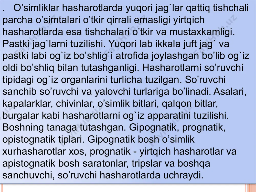 xartumsimon ko’rinishda, yosh ќo’nѓizlar sarg’ish, kul rang ќo’nѓir, ulg’ayganlari esa to’q kul rangli. tuxumlari mayda 0,5-0,6 mm kattalikda ovalsimon, yangi quyilgan tuxum limonsimon sariq tusda, yaltiroq. lichinkalari 10 mm gacha kattalikda, cho’ziq, oyoqlari shakllanmagan, ostki tomonidagi segmentlarda joylashgan g’uddachalar (so’gallar) yordamida ћarakatlanadi. lichinkalar yashil rangli bo’lib orqa qismidan to tana oxirigacha qadar oqish cho’ziq o’tgan. g’umbaklari ochiq xilda bo’lib, g’ovak o’ralgan to’rsimon pilla ichida bo’ladi, uning kattaligi 5,5 - 8 mm atrofida. tok kanasi. kanalar mayda 0,16mm kattalikda, tanasi stilindrik shaklda chuvalchangga o’xshash, oq yoki somon kabi sariq tuslik. etuk kanalarning 2 juft oyoqlari bor. tuxumlari tiniq, uzunchoq tuxumsimon shaklda, kattaligi 38 mikron. o’rovchi kanalar kurtaklar asosida va po’stloq yoriqlarida qishlab qoladi. baћorda barglar yorilishi bilan kanalar ularning orqa tomoniga ko’chib o’tib uning shirasini so’rib yotadi. kana zararlash gipertrofiya kuzatilib, (barg ustida). barg ostida esa namatga o’xshash qoplam ћosil bo’ladi. kanalar ana shu qoplam tanalarning ichida yashaydi. yoz davomida bir …