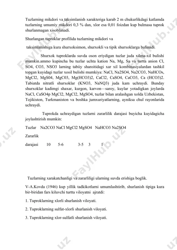 tuxtaydi va ular unib chikmaydi. shurxoklar meliorasiyasi: sizot (shur) suvlarning kapillyar yullar orkali pastdan-yukoriga kutarilishini tuxtatish, tuprokda yishlgan zararli tuzlarni yukotish yuli bilan shurxoklar va turli darajada shurlangan tuproklar shurini ketkazish va ularni yaxshilash mumkin. buning uchun bir kamcha gidrotexnikaviy, agrotexnikaviy va biologik tadbirlarni amalga oshirish lozim. sugoriladigan erlardagi shurxoklar meliorasiyasida kuyidagi asosiy tadbirlarni amalga oshirish lozim: a) dalalar atrofiga zovur va kollektorlar kazish yordamida sizot suvlar satxiii pasaytirib, suvning kapillyar yullar orkali er betiga kutarilishini tuxtatish: b) tuprok katlamlarida yigilgan, suvda eriydigan zararli tuzlarni yuvish: v) sizot suvlar satxining kutarilishiga mutlako yul kuymaslik lozim. shurxoklar odatda kech kuzda va kish mavsumida yuviladi, chunki bu paytda burlanish susaygan va sizot suvlar ancha past tushtan buladi. 3. shurtoblar deb, allyuvial katlamining tarkibida kup mikdorda singdirilgan xoletdagi almashinuvchi natriy, ba'zan esa ancha mikdorda singdirilgan magniy xam saklovchi tuproklarga ayatiladi. ularning profilida genetik katlamlari esa keskin tabakalashgan bulib, agroiomik xossalari nokulayligi bilan ajralib …