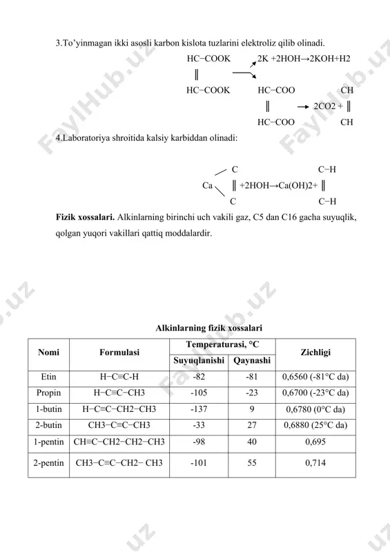 ar nam holatda saqlanadi. oksidlanish reaksiyasi. alkinlar oson oksidlanib, dialdegid, so’ngra ikki asosli kislota hosil qiladi. o c c—h h cooh ║ +o2→ │ +o2→│ c—h o cooh c h glioksal oksalat kislota agarda alkinlar kuchliroq oksidlansa, molekula uchbog’ turgan joydan parchalanadi: c—h oh ║ +3(o)+3h2o→ 2h―c oh →2hcooh+2h2o c—h oh chumoli kislota ishlatilishi. asetilen kislorodda yonganda 3000°c gacha issiqlik hosil qiladi. bu xususiyatdan foydalanib sanoatda, qurilishda va xo’jalikning boshqa tarmoqlarida metallarni hamda metal buyumlarni payvandlashda keng ishlatiladi. asetilen kimyo sanoatida asosiy xomashyo hisoblanib, undan etil spirt, sirka kislota, allil spirt, glitserin, akrilonitril, vinilasetat, lyuizit, vinilasetilen va boshqa moddalar olinadi. akrilonitril va vinilasetilen sinetik tola bilan kauchukning asosiy xomashyosihisoblanadi. vii bob. arenlar (aromatik uglevodorodlar) molekulasi tarkibida benzol yoki uning gomologlarini saqlaydigan karbosiklik birikmalarga aromatic uglevodorodlar deb aytiladi. ularning birinchi vakili benzol bo’lib, uni 1825-yilda ingiliz kimyogari va fizigi m.faradey koks gazidan ajratib olgan. empirik formulasi c6 h6. benzol +80,1°cda qaynaydigan …