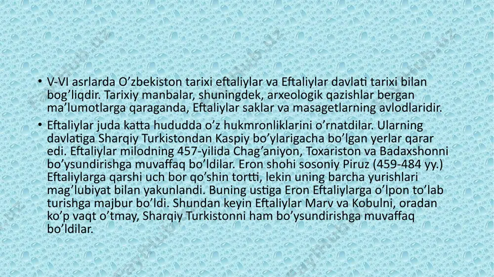 arda arablar qo’l ostidagi mamlakatlarning geografik holati, yirik shaharlar va qal’alari, aholisi va uning asosiy mashg’uloti, urf-odatlari, o’sha mamlakatdan olinadigan xirojning umumiy miqdori haqida qimmatli ma’lumotlar keltiriladi. ushbu asarning ikki mo’‘tabar qo’lyozmasi ғarbiy germaniya kutubxonalarida saqlanmoqda. kitobning arabcha matni gollandiyalik mashhur sharqshunos m.de gue (1836-1909 y.) tomonidan 1892 yili leydenda chop etilgan. al-ya’qubiyning ikkinchi asari “tarix” umumiy tarix tipida yozilgan bo’lib, sharq mamlakatlari, shuningdek o’rta osiyoning vii-ix asrlardagi tarixi bo’yiyaa muhim manbalardan biri hisoblanadi. asar ikki qismdan iborat bo’lib, odam atodan islomgacha bo’lgan va musulmon mamlakatlari tarixlari, ya’ni o’sha mamlakatlarda 873 yilgacha sodir bo’lgan voqealar bayon etilgan. “tarix”ning arabcha matni 1883 yili gollandiyalik olim m.t.xautsma (1851-1943 y.) tomonidan chop etilgan. fors tilidagi tarixiy manbalarning umumiy xususiyatlari va ahamiyatifors tilida bitilgan tarixiy asarlar an’anaga binoan arab tilida nomlanar, ularda ham islomiy manbalar va islom tarixiy asarlar xususiyatlari yaqqol ko’zga tashlanar edi. xatto yozuv yoki xat turi arab alifbosida bo’lib, keyincha forsiy …