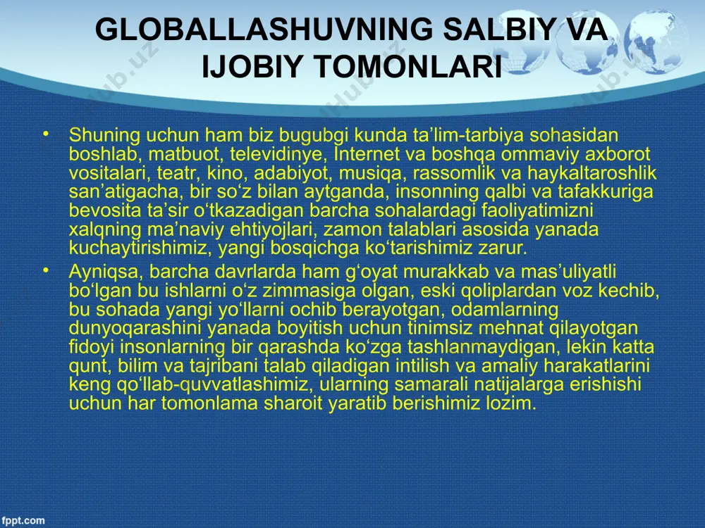 m-fan yutuqlarining tezlik bilan tarqalishi, turli qadriyatlarning umuminsoniy negizda uyg’unla-shuvi, tsivilizatsiyalararo muloqotning yangicha sifat kasb etishi, ekologik ofatlar paytida o’zaro yordam ko’rsatish imkoniyatlarining ortishi — tabiiyki, bularning barchasiga globallashuv tufayli erishilmoqda. globallashuv jarayonlari o`ta shiddat bilan hayotimizning barcha sohalarini qamrab olayotgan bugungi kunda ilm-fan va texnologiyalarni chuqur o`zlashtirmasak, faqat tariximiz olis ajdodlarimizning kashfiyotlari bilan maqtanib, ularga mahliyo bo`lib yashaydigan bo`lsak, uni yanad boyitib, unga o`z hissamizni qo`shmasak, jahonning yetakchi va rivojlangan mamlakatlari safidan munosib o`rin egallashimiz qiyin bo`ladi. shunday holga tushmaslik uchun mamlakatimiz prezidenti i.karimov uqtirganlaridek, “ta`limni tarbiyadan, tarbiyani esa ta`limdan ajratib bo`lmaydi – bu sharqona qarash, sharqona hayot falsafasi” degan purma`no so`zlari milliy falsafa fanimizning tadqiqot doirasidan asosiy o`rinni egallashi lozim. globallashuvning salbiy va ijobiy tomonlari globallashuv jarayonining yana bir o’ziga xos jihati shundan iboratki, hozirgi sharoitda u mafkuraviy ta’sir o’tkazishning nihoyatda o’tkir quroliga aylanib, har xil siyosiy kuchlar va mar-kazlarning manfaatlariga xizmat qilayotganini sog’lom fikrlaydigan har qanday odam, …